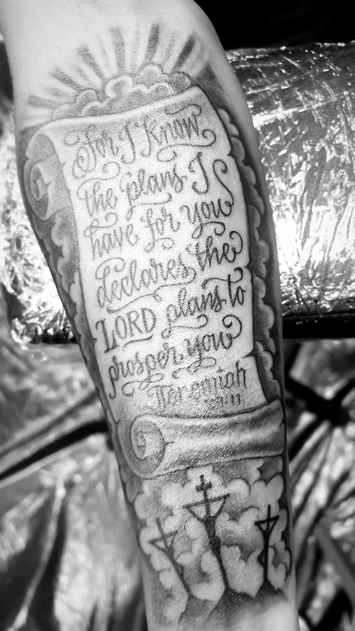 Bible verse and crosses lettering script tattoo by π π π β π π π π
