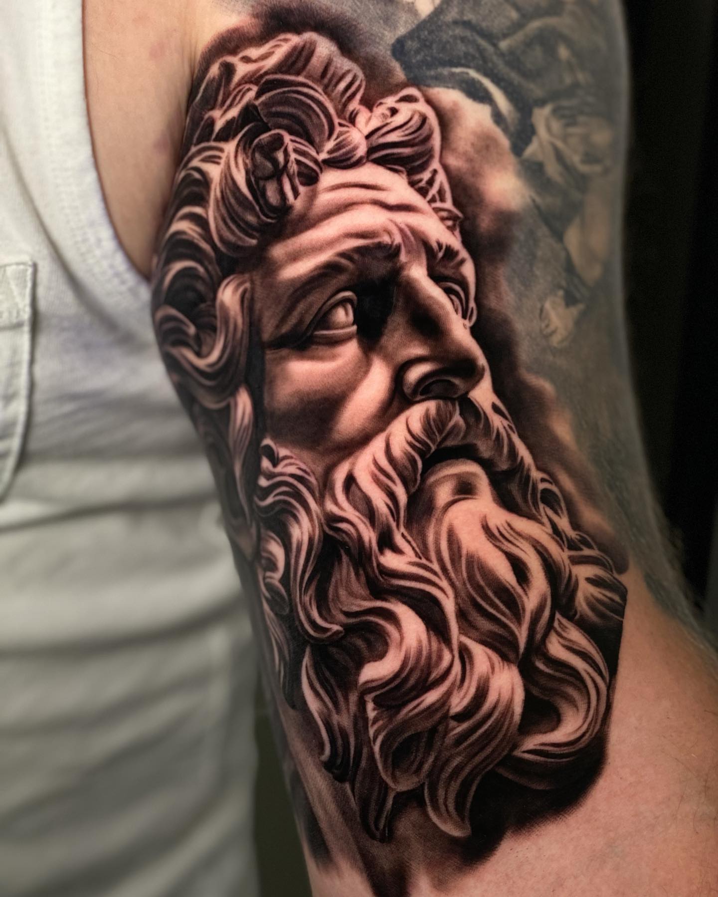 Bearded man realism tattoo on the forearm by Sergio Mendez