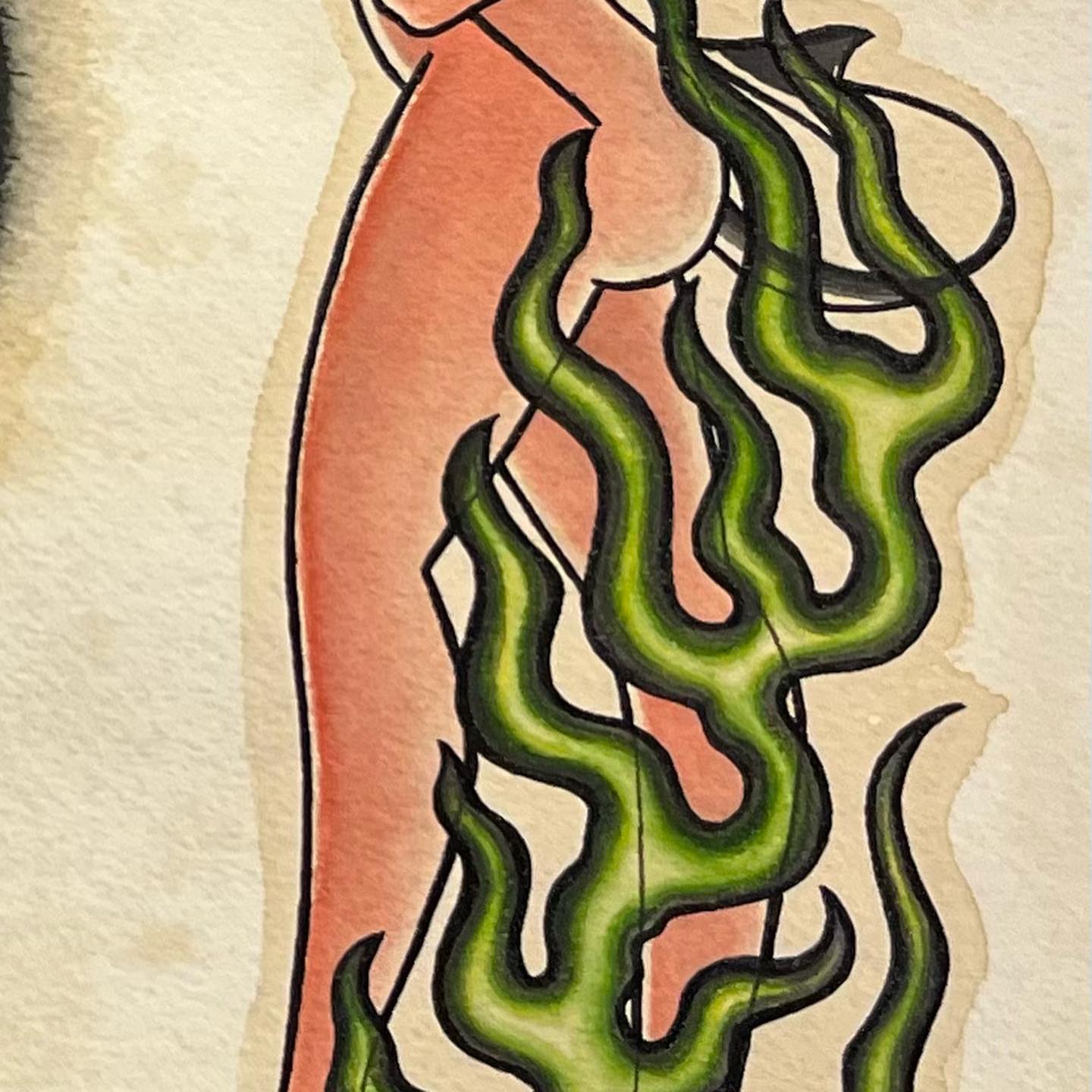 Green vines watercolor tattoo on the torso by Ana Valadez π¦, Ventura, California
