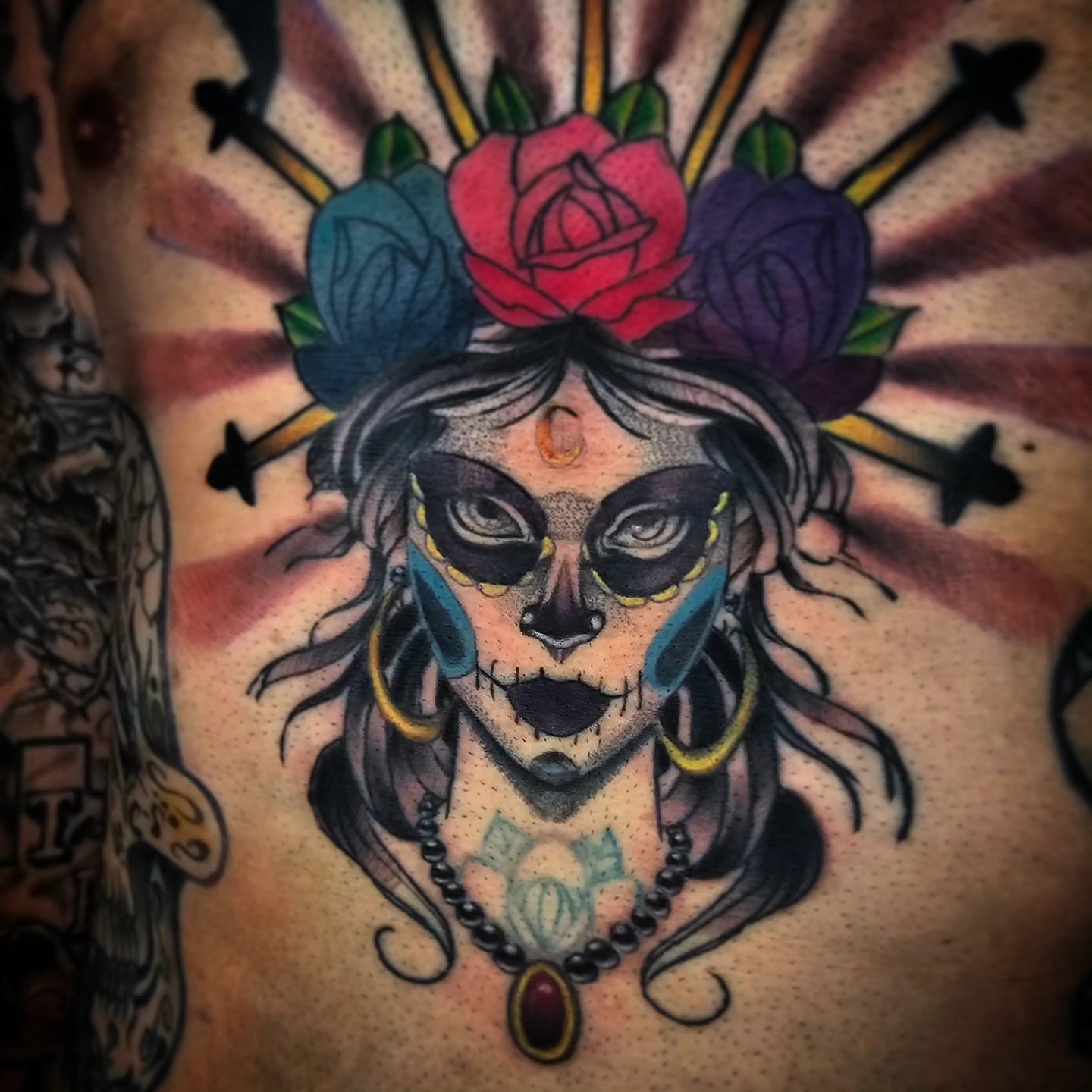 Catrina skull American traditional tattoo on the chest by TattoosbyPhatboi