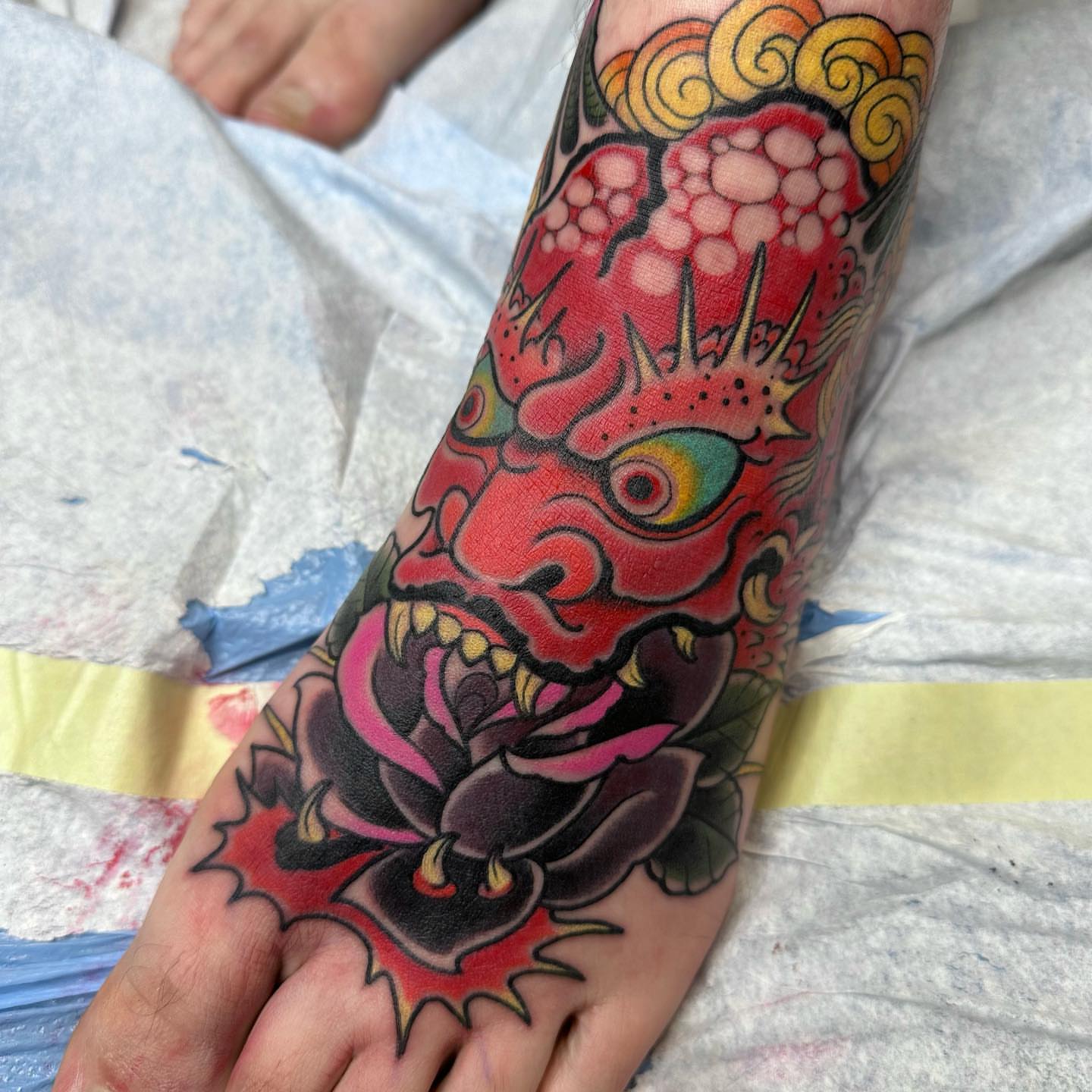 Demon head American traditional tattoo on the foot by Tony Medellin 7X9X