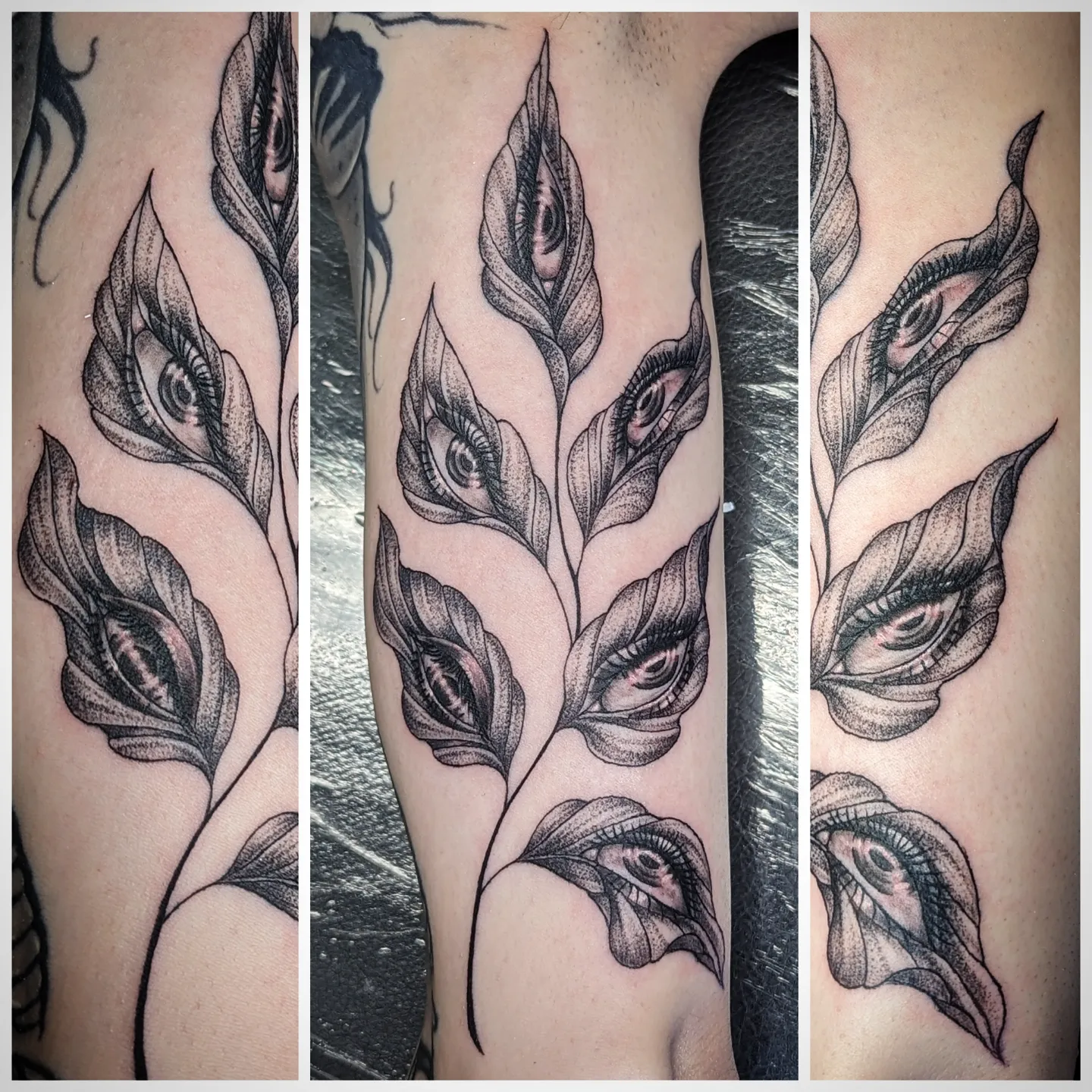 Peacock feathers dotwork tattoo on the forearm by Lorelei