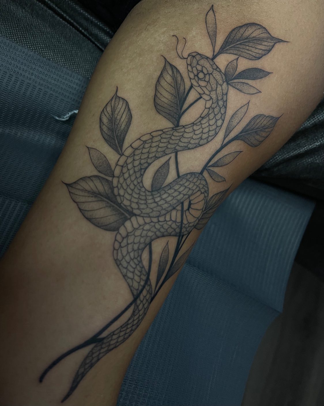 Snake and leaves black and grey tattoo on the thigh by Amber