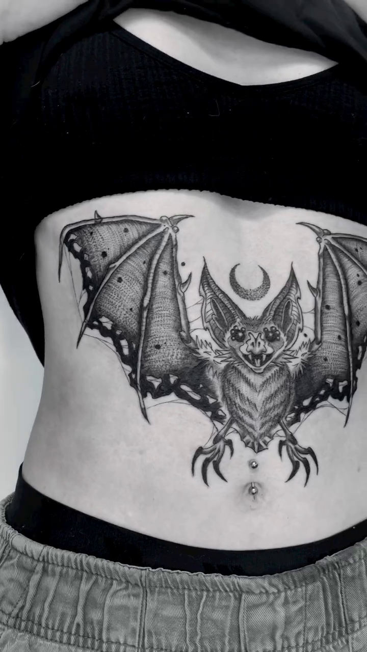 Bat with crescent moon dark realism tattoo by Kathryn the Tooth Collector