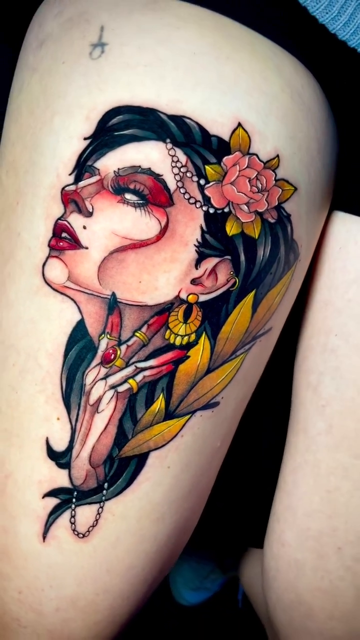 Woman with flowers neo-traditional tattoo by 𝖟𝖊𝖓𝖋𝖚𝖑𝖑