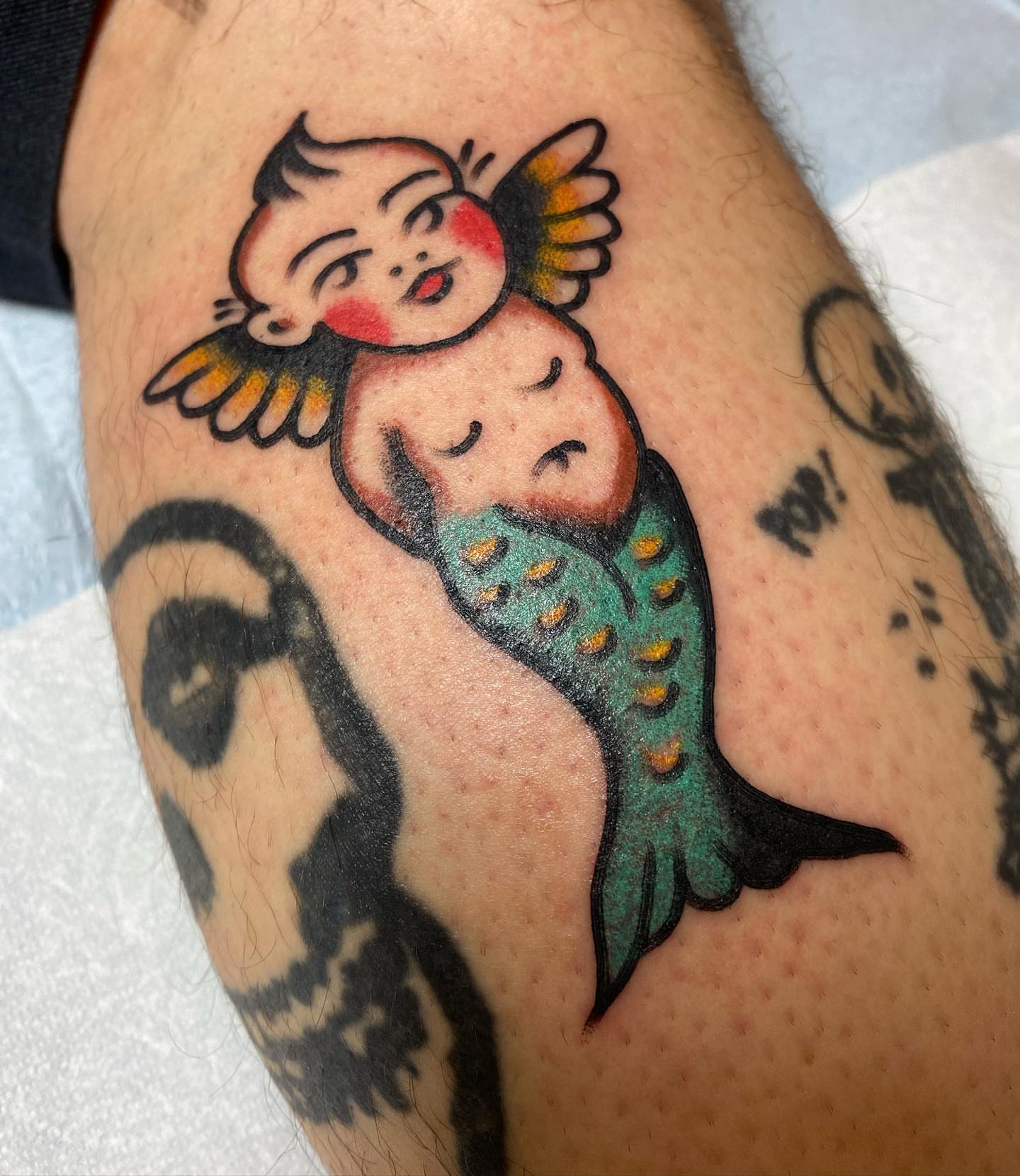 Mermaid American traditional tattoo on the forearm by Alan Pham, San Jose, California