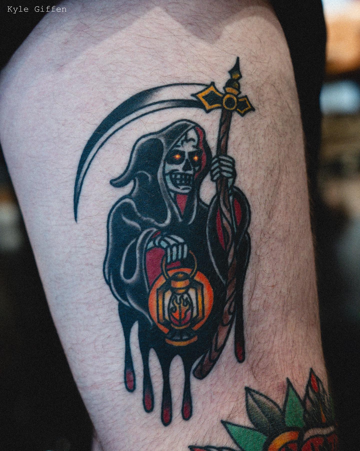 Grim reaper American traditional tattoo on the thigh by Kyle Giffen - Tattoo Artist