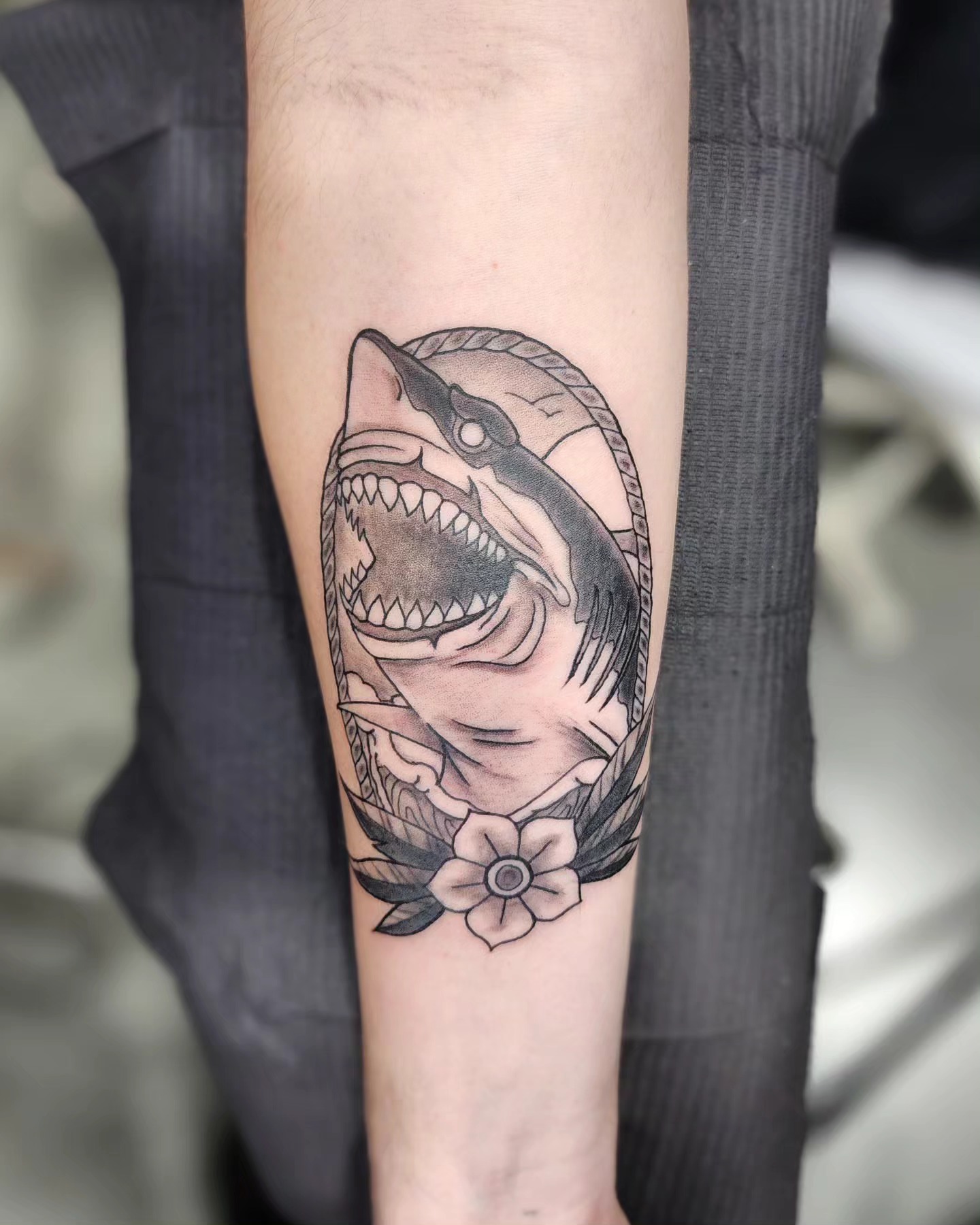 Shark black and grey tattoo on the forearm by Bry True
