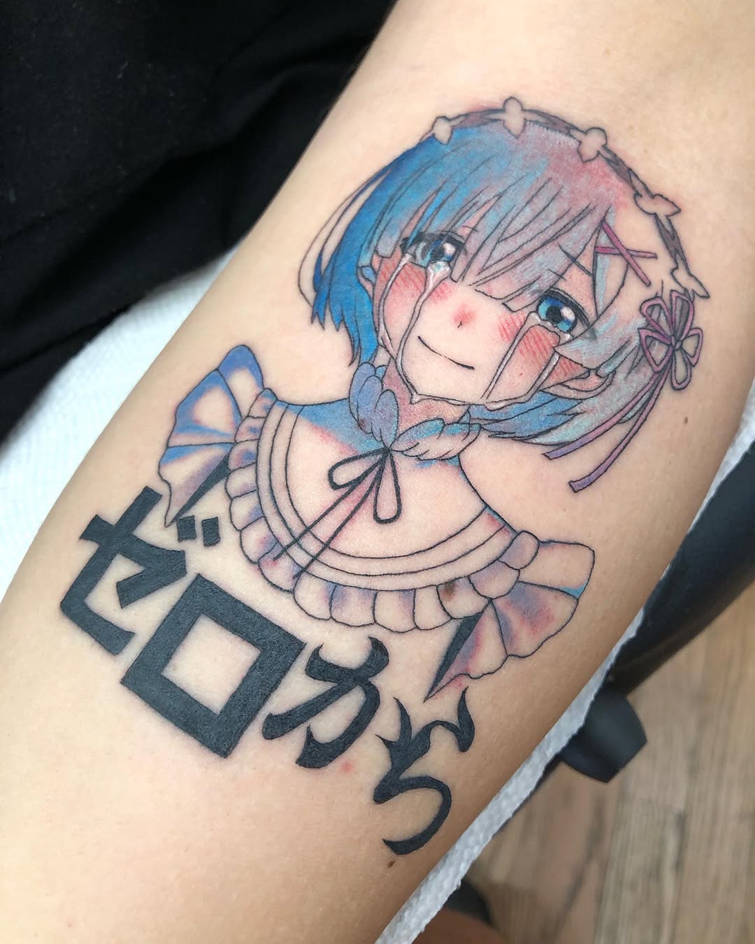 Rem from Re:Zero crying tattoo on the forearm by Jixonai C