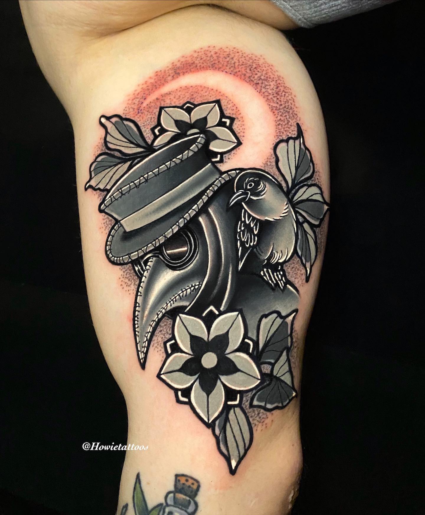 Bird and flowers American traditional tattoo on the thigh by Brian Horowitz