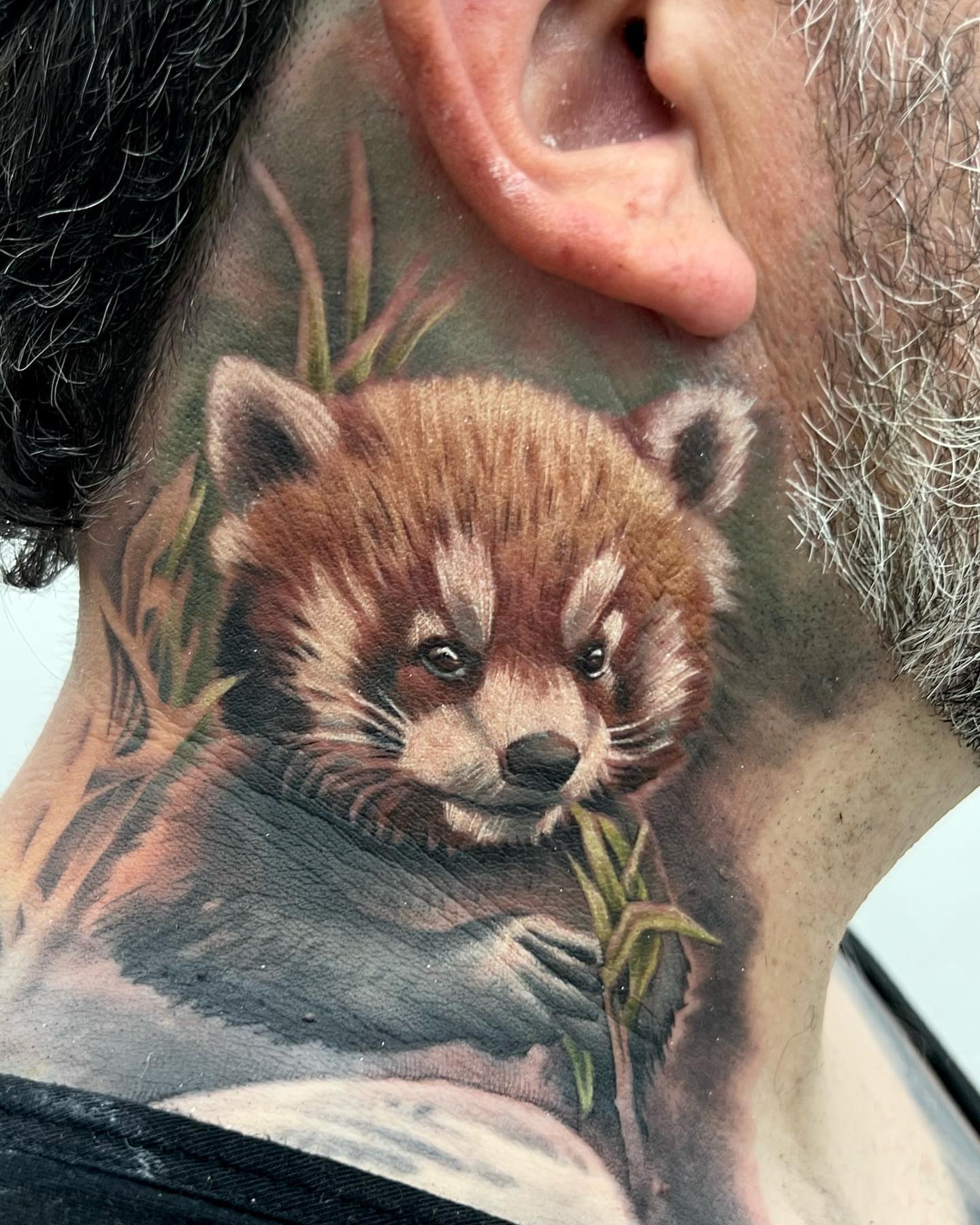 Red panda realism tattoo on the neck by Derek Gardner