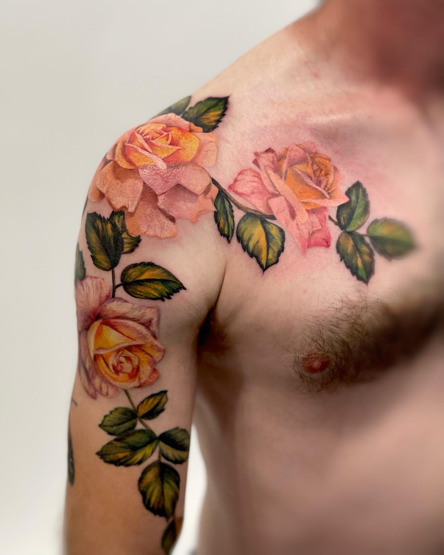 Roses realism tattoo on the shoulder by Seattle Tattoo Artist PingPing, Seattle, Washington