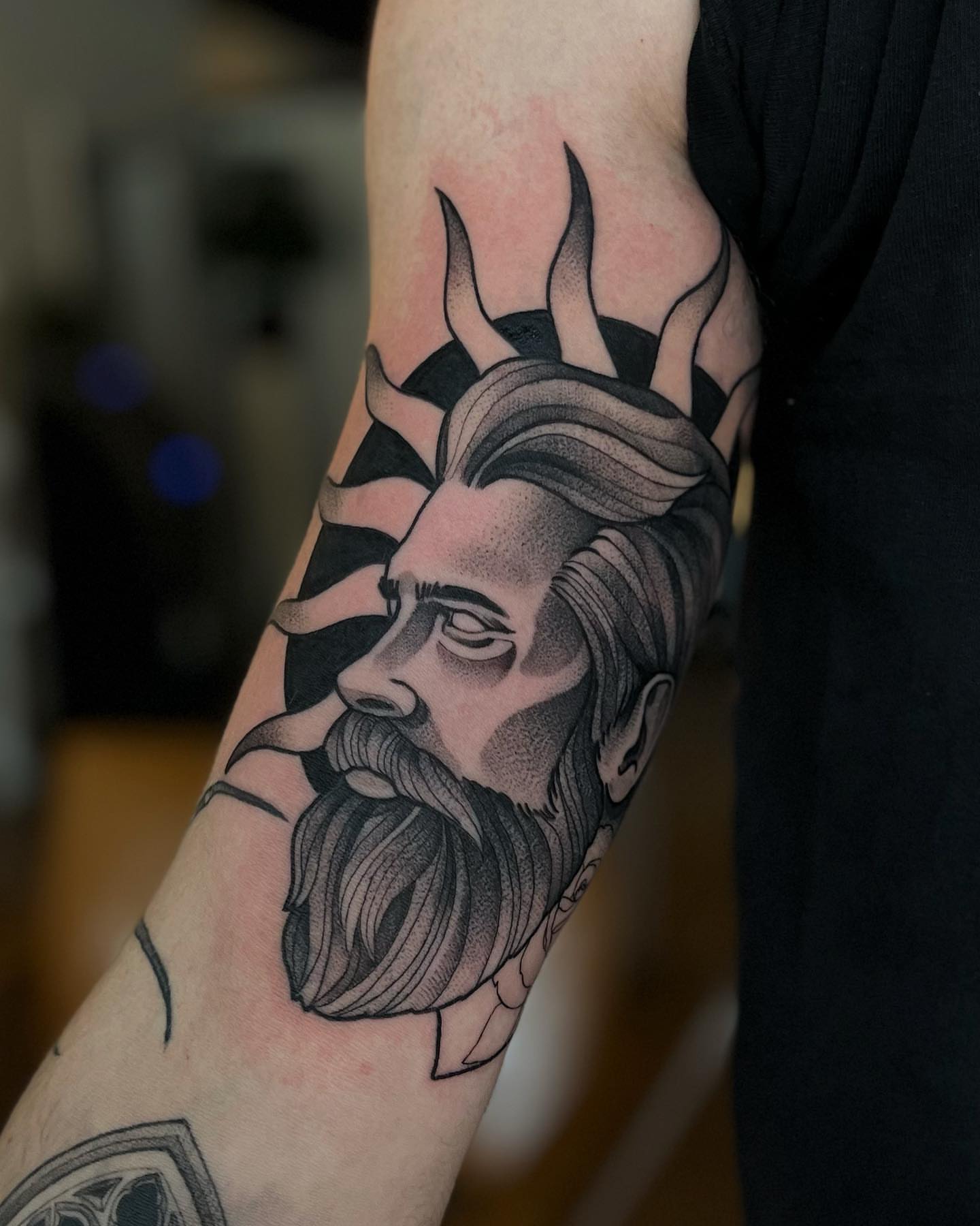 Bearded man with horns dotwork tattoo on the forearm by ✣ Liz Karn ✣