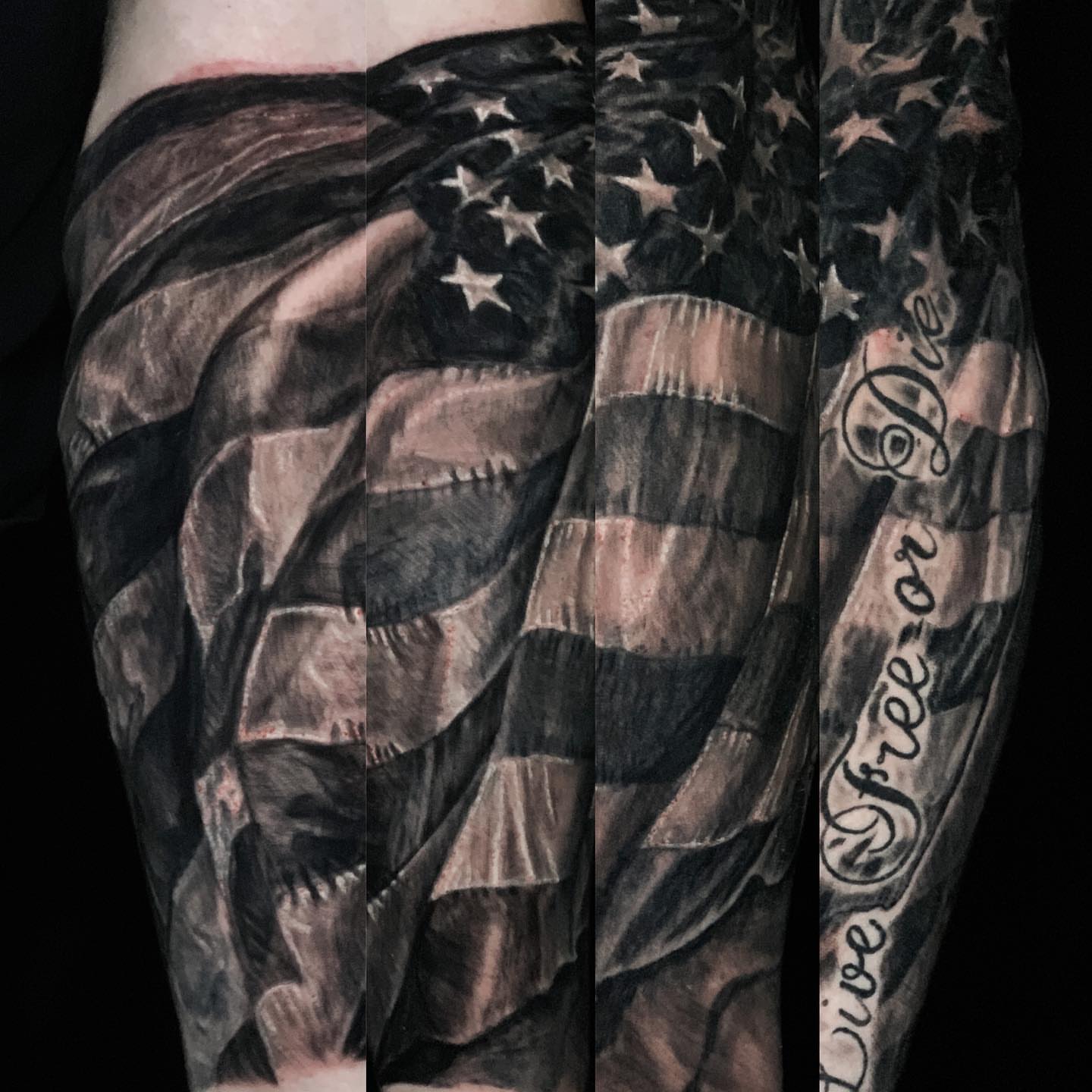American flag realism tattoo on the forearm by Jason L.