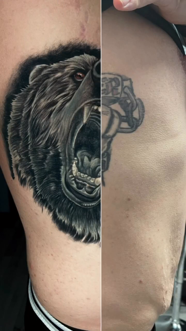 Roaring bear head realism tattoo by Amaury Ramirez