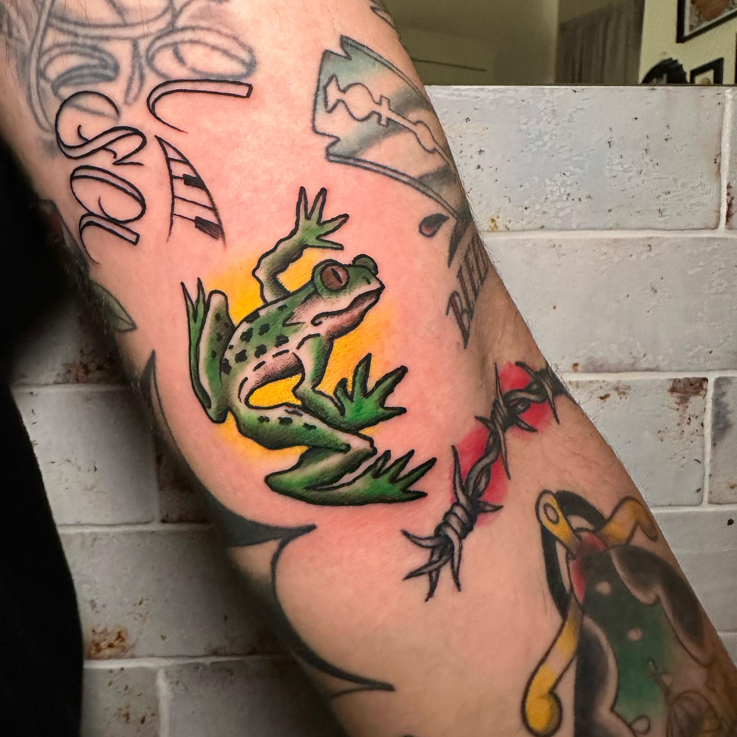 Frog American traditional tattoo on the forearm by Marta La Jirafa