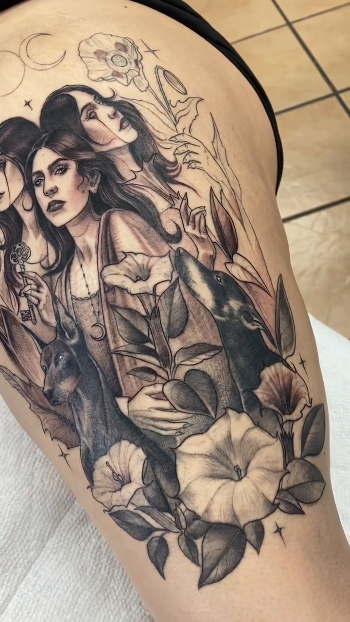 Woman and wolf dark realism tattoo by Marissa Tattoos
