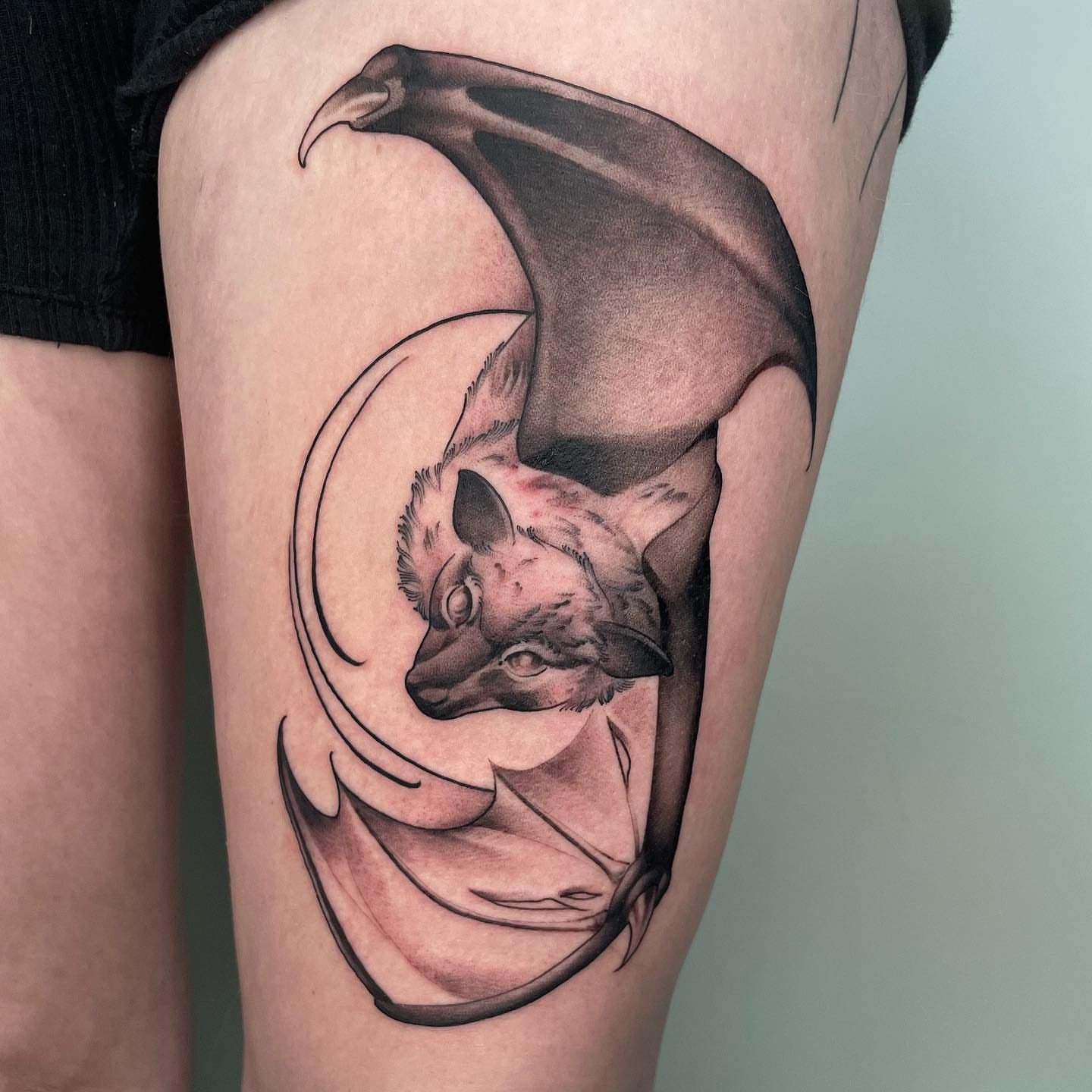 Bat realism tattoo on the thigh by Angel, Salt Lake City, Utah