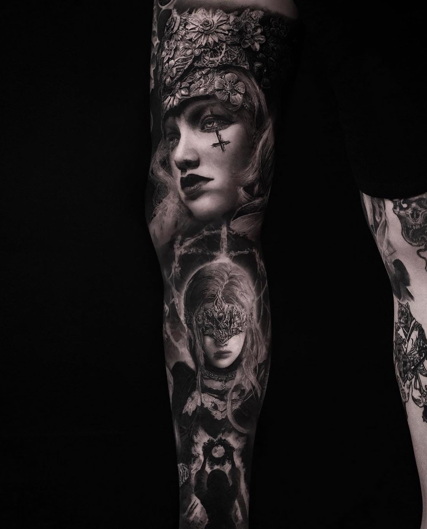 Woman with floral crown realism tattoo on the forearm by Dopamine