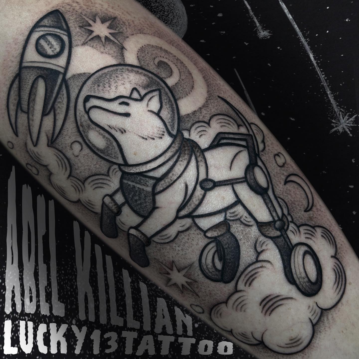 Space dog astronaut American traditional tattoo on the forearm by Abel, Richmond, Virginia