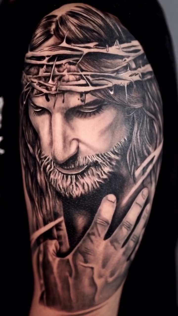 Jesus Christ portrait realism tattoo by Binn Binn - Houston Tattoo Artist