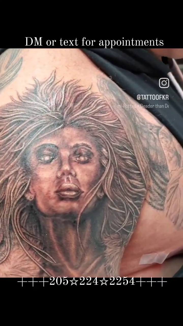 Sketch tattoo on the upper arm by Jeff Frederick