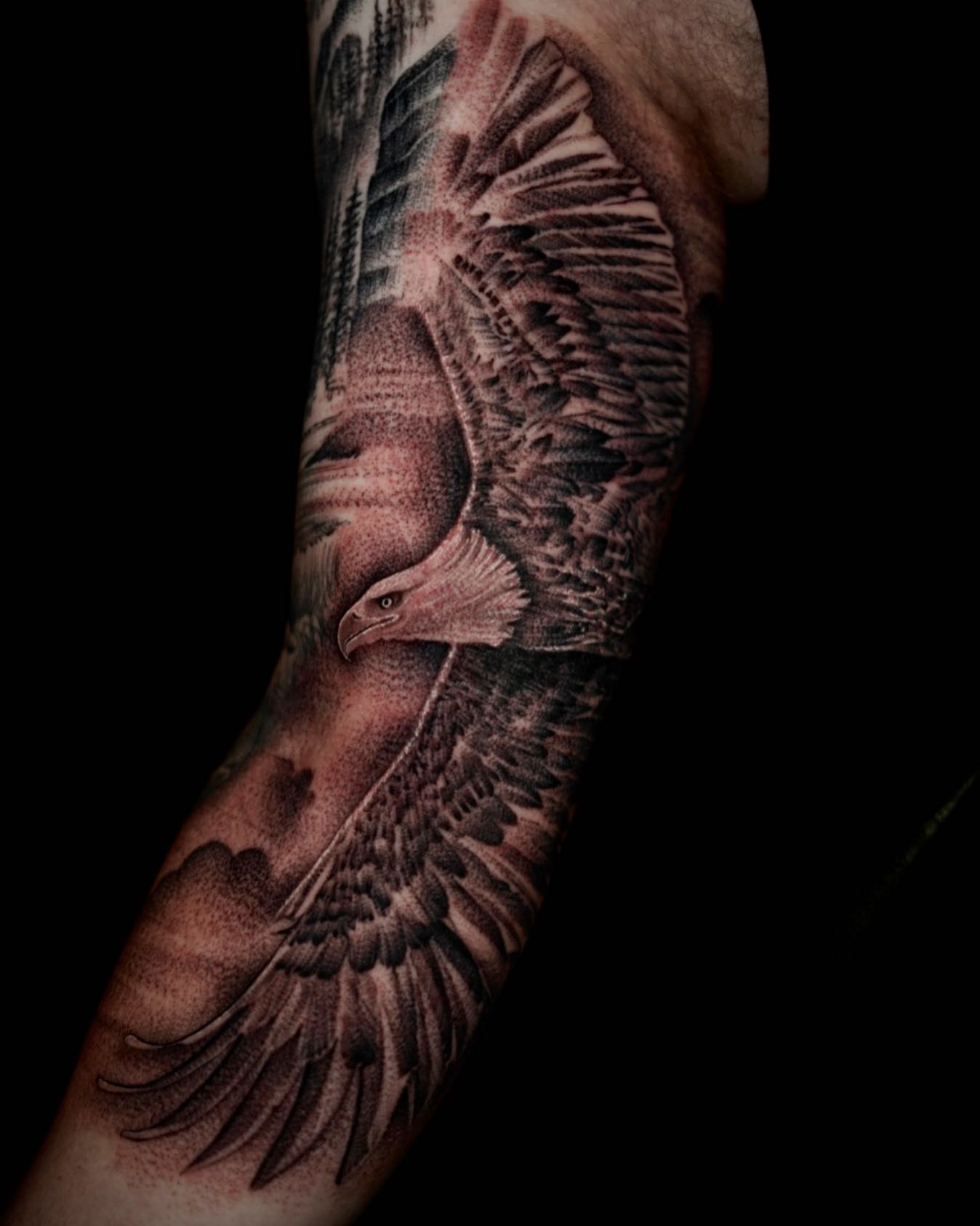 Eagle realism tattoo on the forearm by DREW ROMERO - Colorado Tattoo Artist, Pueblo, Colorado