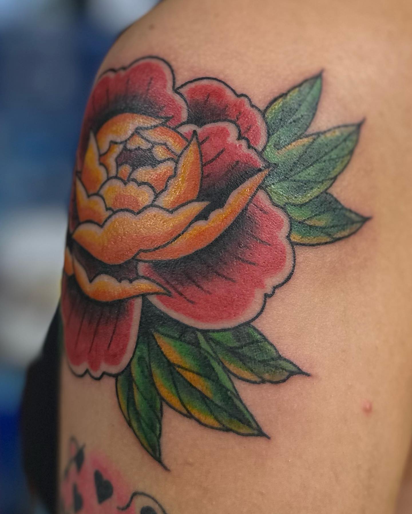 Peony American traditional tattoo on the shoulder by Savy Rasor, Austin, Texas