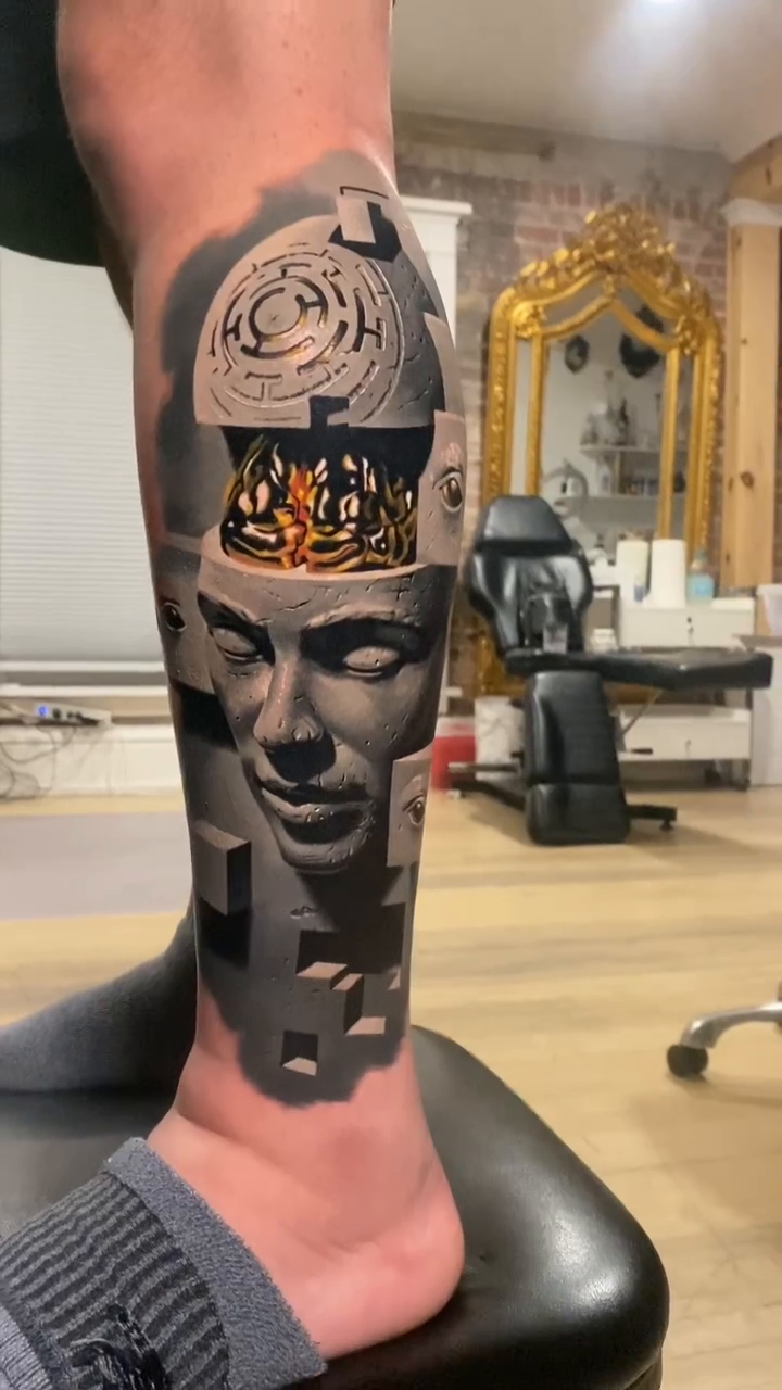 Surreal head with abstract elements realism tattoo by Jacob Sheffield, Grand Junction, Colorado
