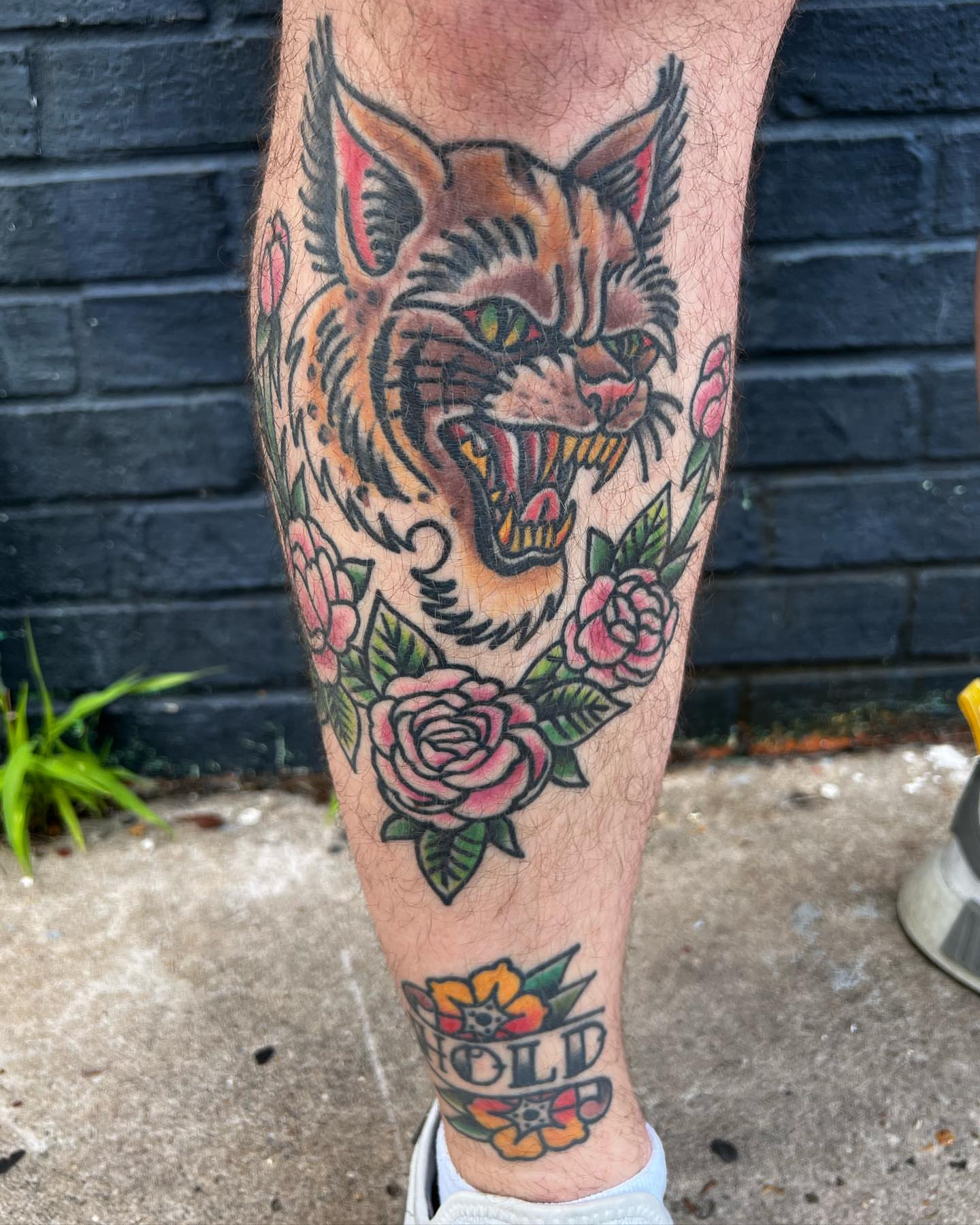 Roaring cat with roses American traditional tattoo on the leg by Scott Allen