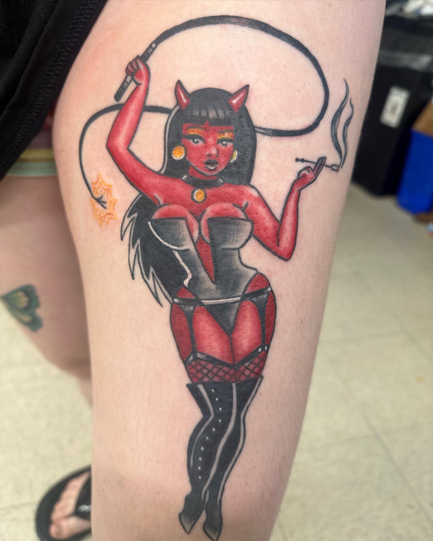 Devil girl American traditional tattoo on the thigh by Savy Rasor, Austin, Texas