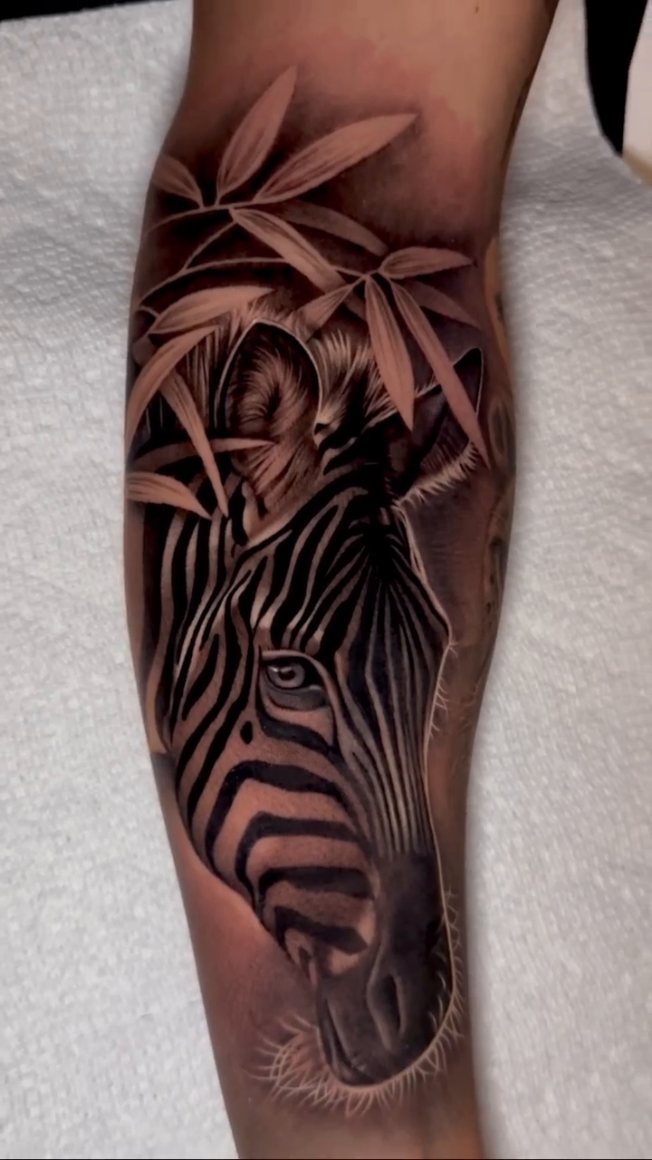 Zebra head with bamboo realism tattoo by Ana Reyes