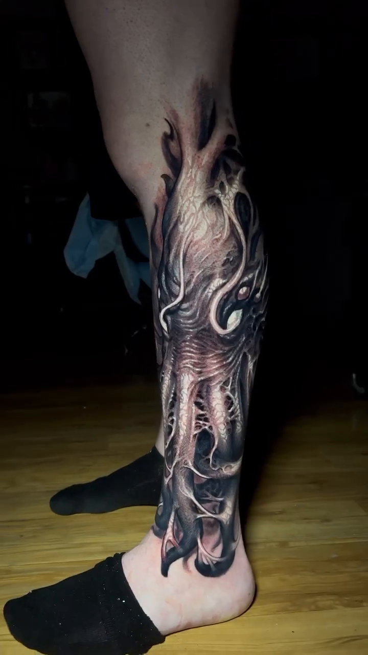 Biomechanical creature dark realism tattoo by Aaron Moonan🩸Tattoo Artist NY