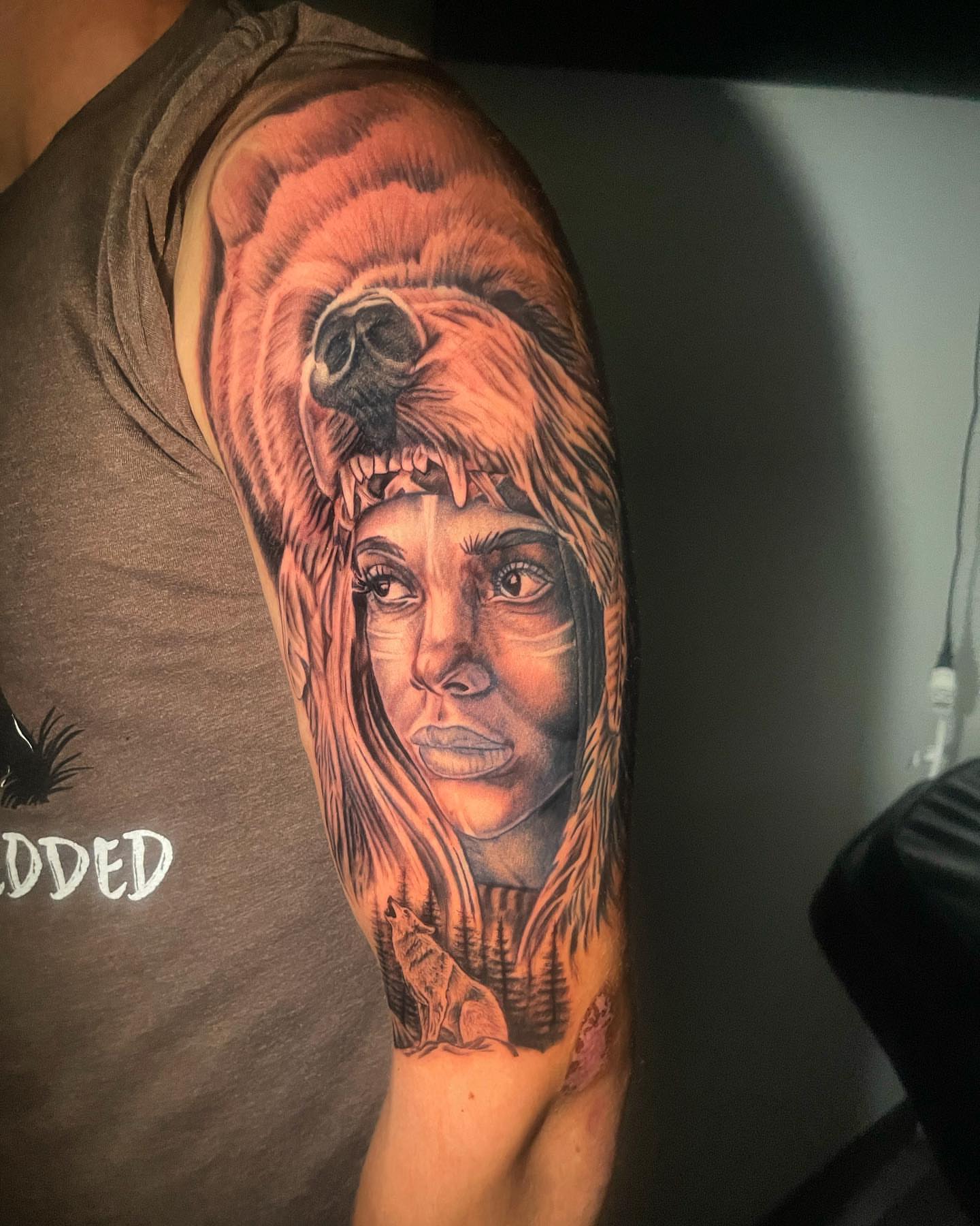 Woman with bear realism tattoo on the forearm by Ohio Realism Tattoo Artist