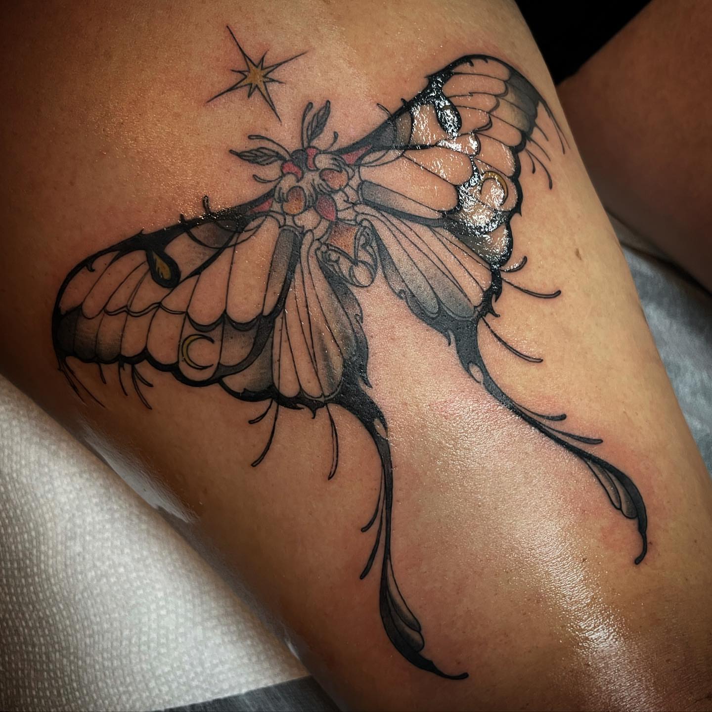 Butterfly black and grey tattoo on the forearm by 𝑅𝑒𝑒𝓈𝒶 𝐿𝓎𝓃𝓃 ₊ ⊹❀