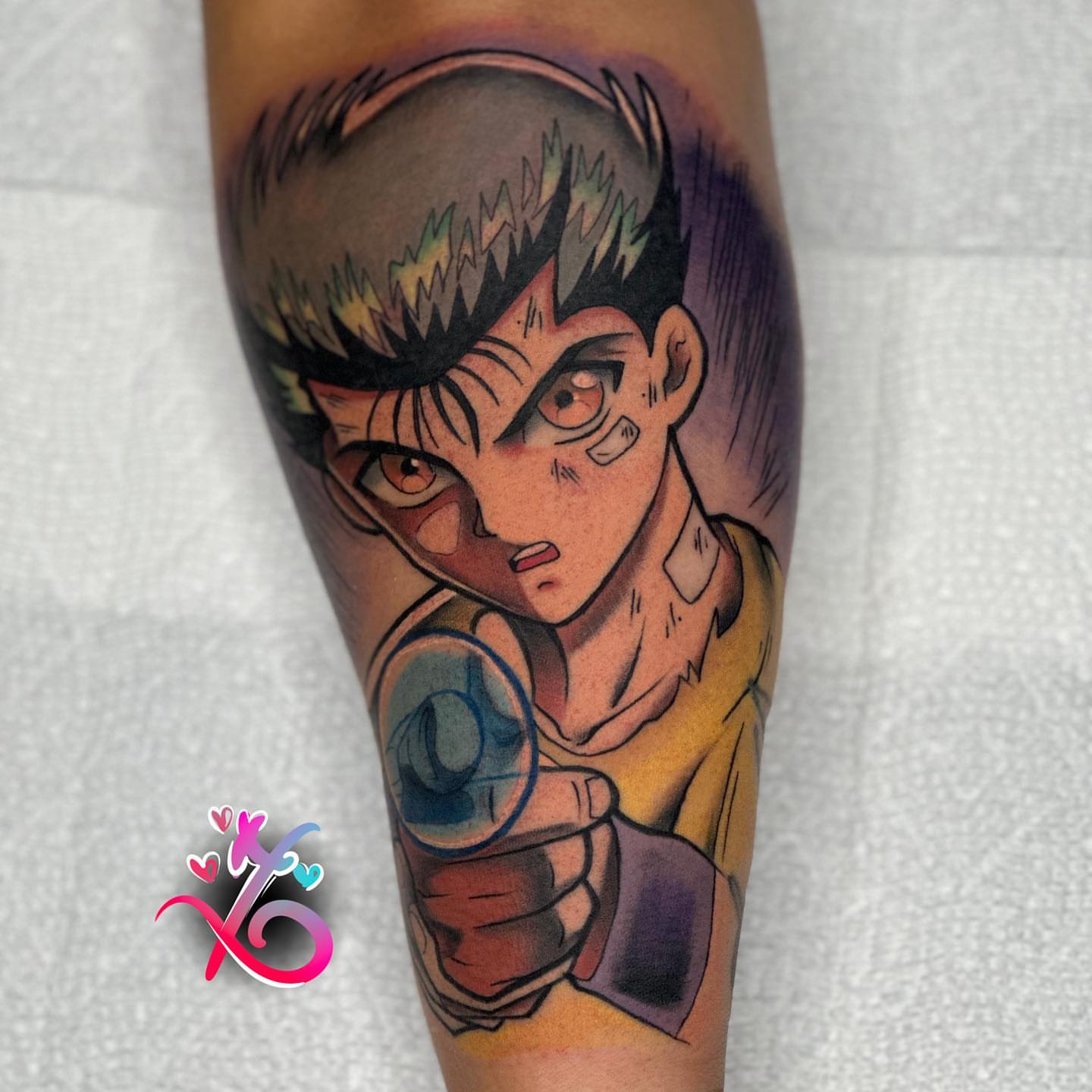 Anime character anime tattoo on the forearm by Keyon J