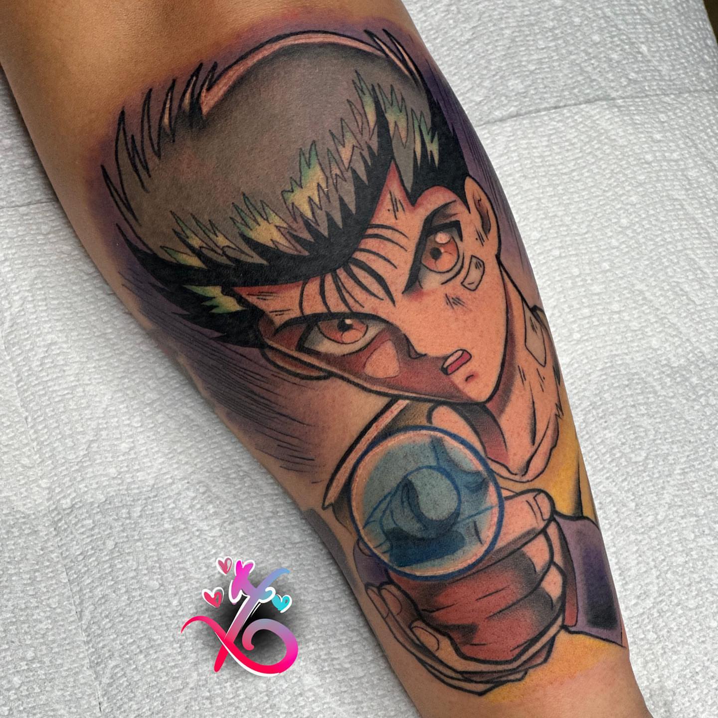 Anime character anime tattoo on the forearm by Keyon J