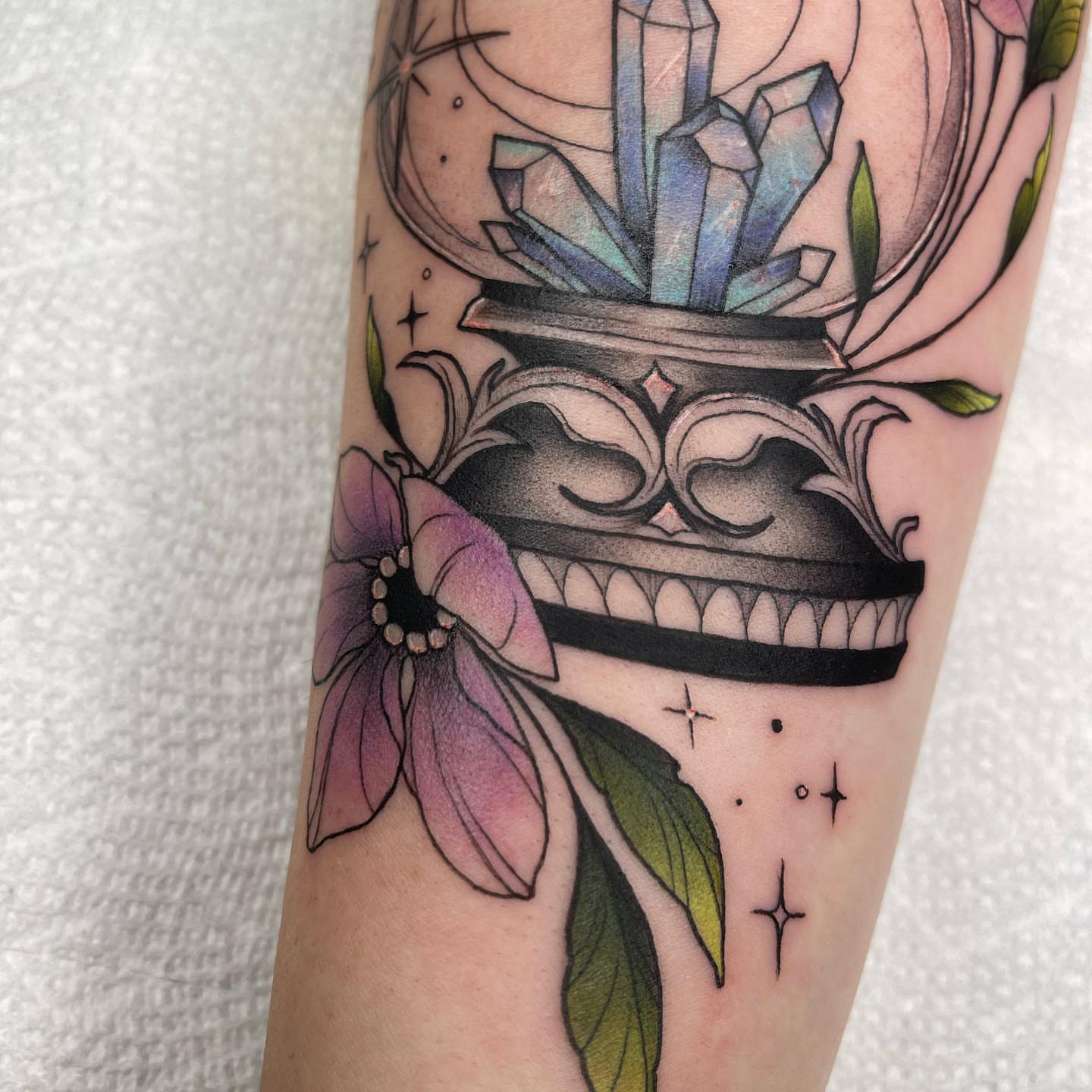 Crystal bouquet neo-traditional tattoo on the forearm by Lexx Christine