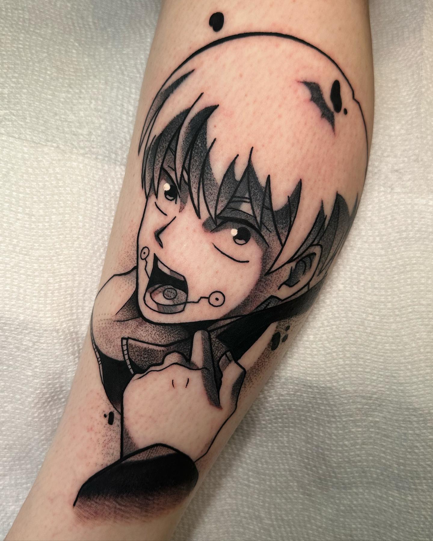 Anime character dotwork tattoo on the forearm by zackery simpson