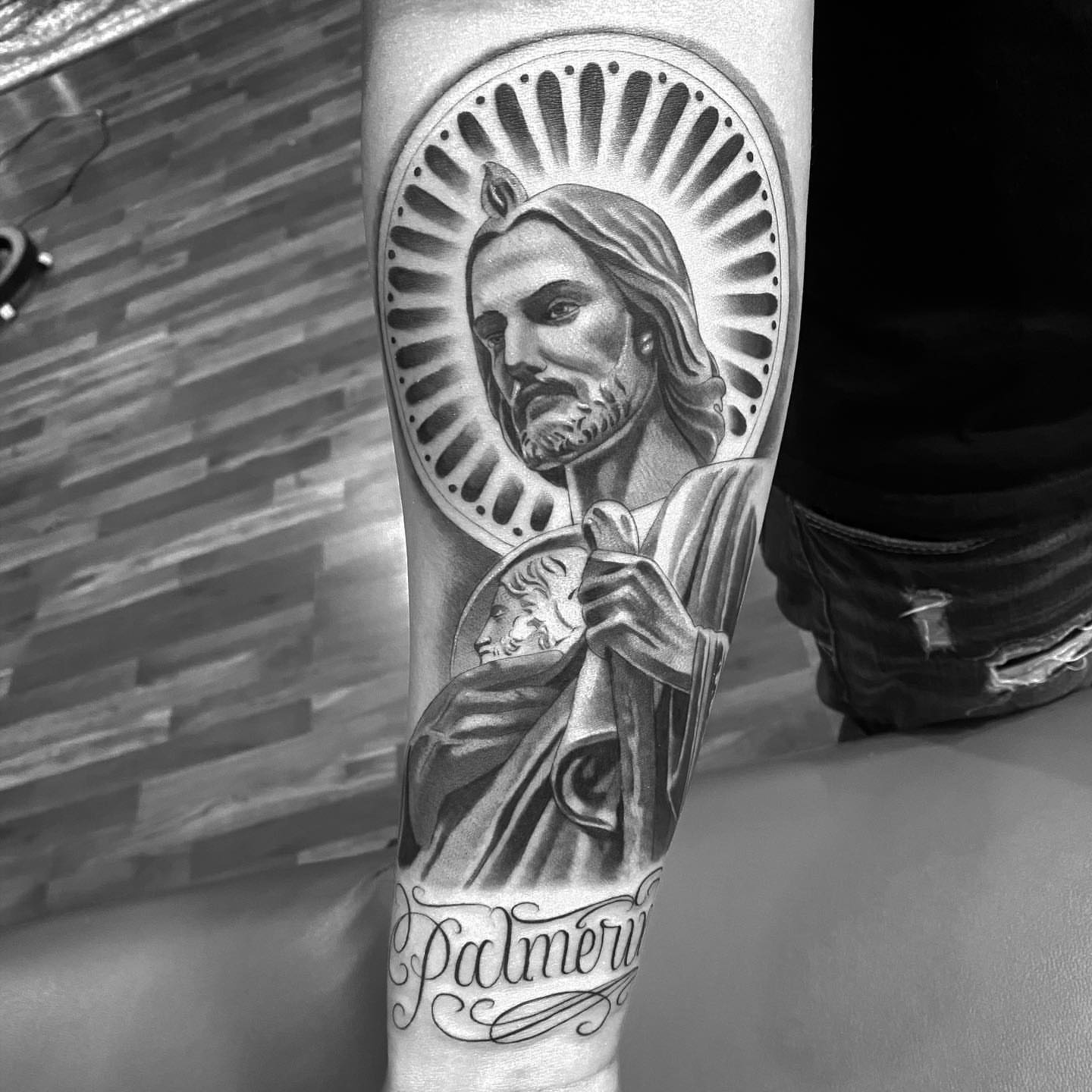 Religious figure realism tattoo on the forearm by Alex Cruz 707