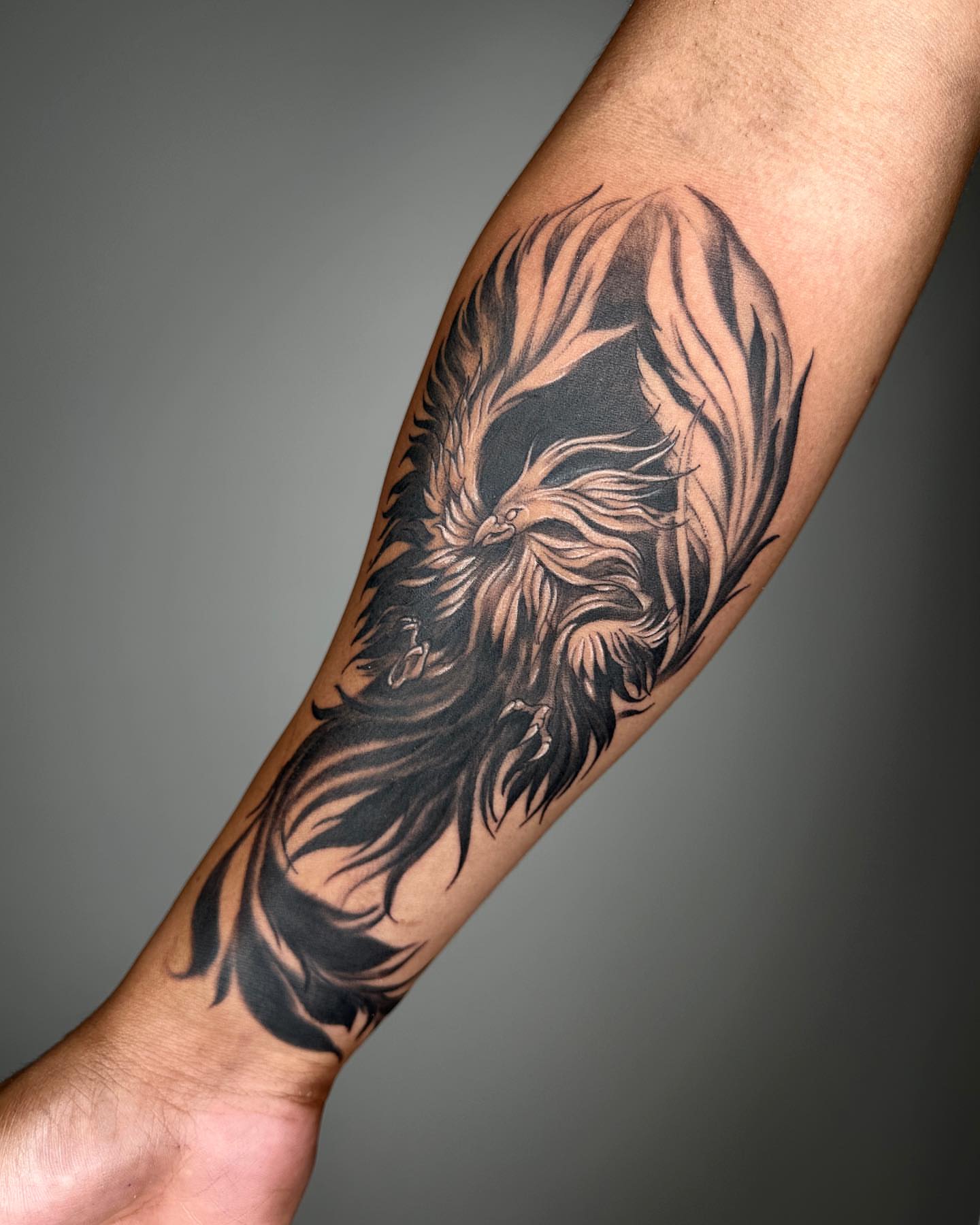 Phoenix black and grey tattoo on the forearm by A L e X