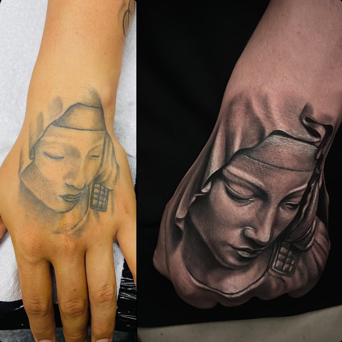 Woman's face realism tattoo on the hand by Sadier Alfonso