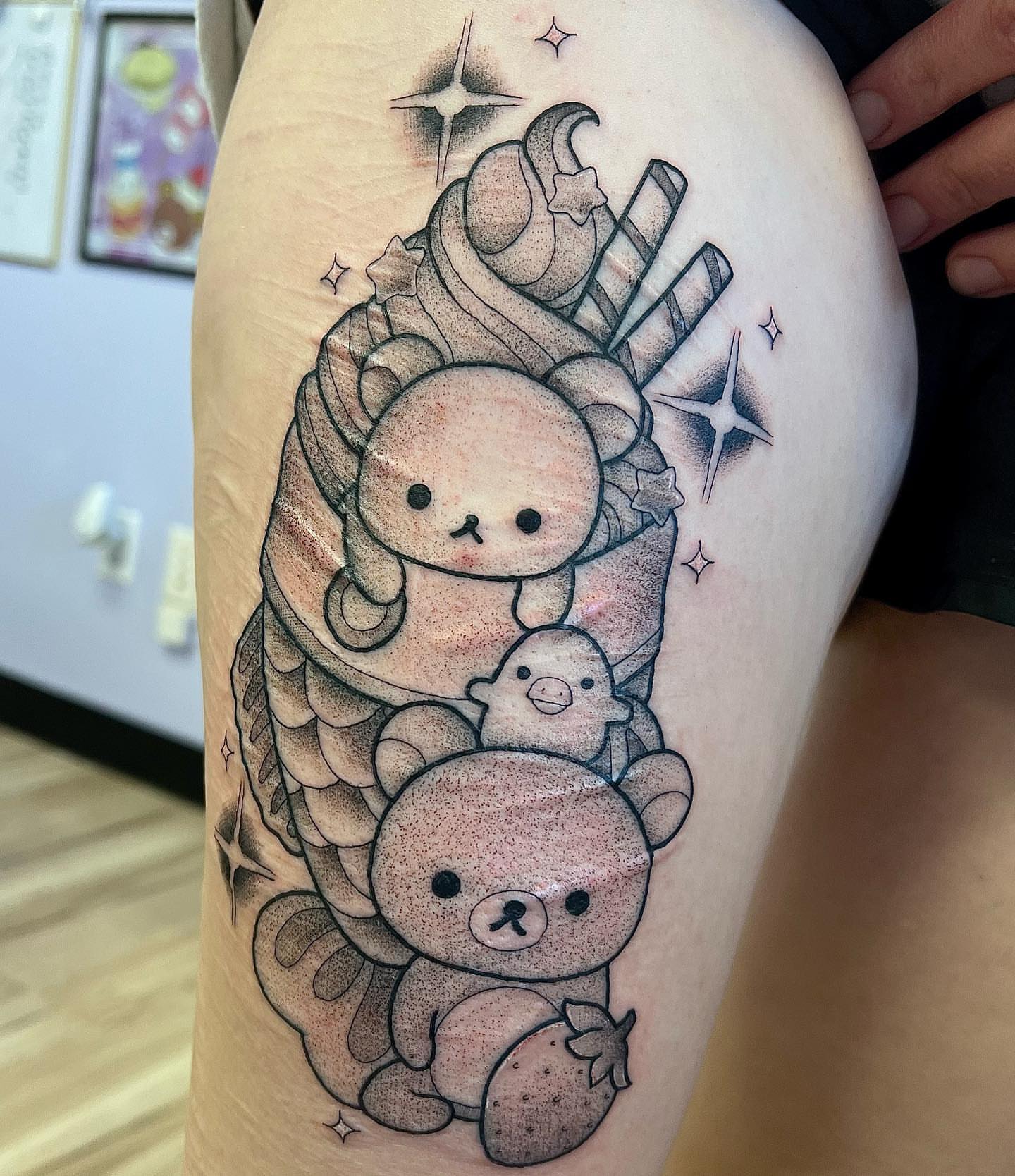 Ice cream cone with teddy bears dotwork tattoo on the thigh by ♡𝕄𝕒𝕜𝕒𝕪𝕝𝕒♡, Colorado Springs, Colorado