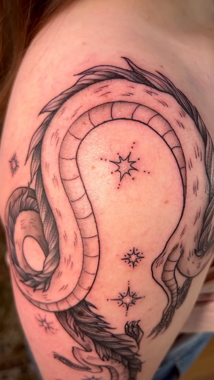 Dragon with stars japanese irezumi tattoo by Mia Manzanedo