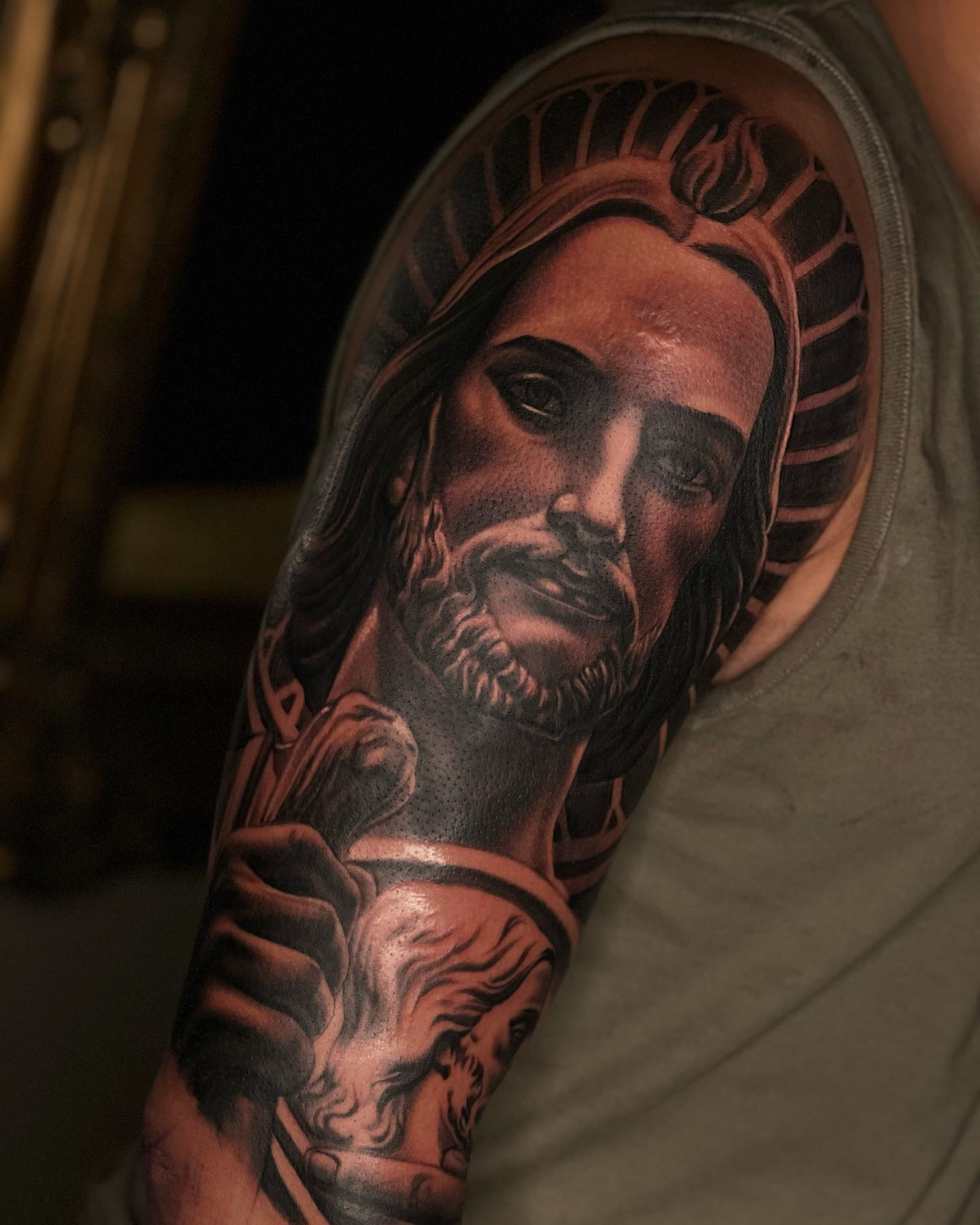 Religious figure realism tattoo on the forearm by ⚜️Felipe Parada⚜️
