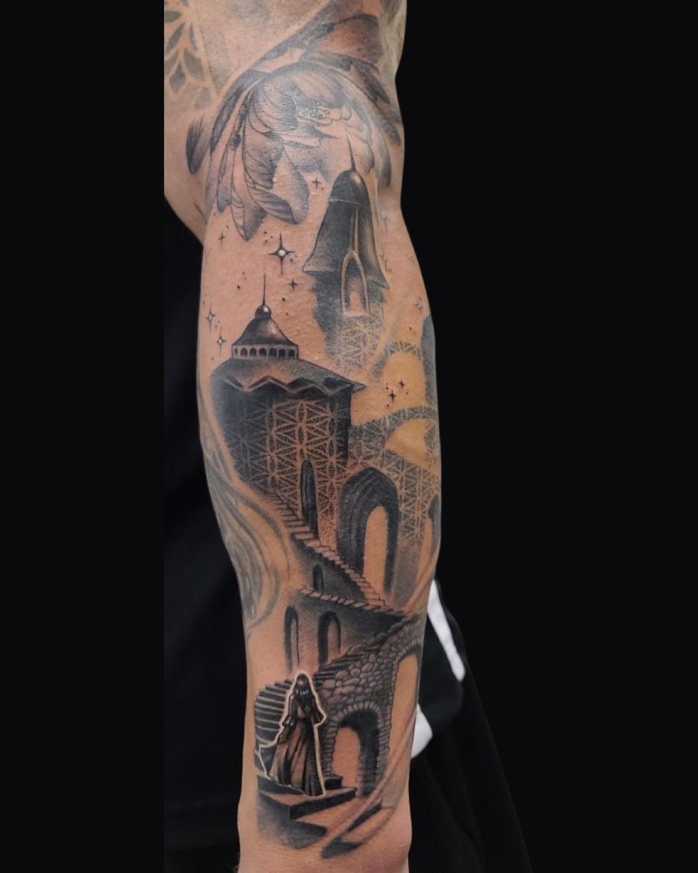 Castle and knight geometric tattoo on the forearm by Rain Delmar