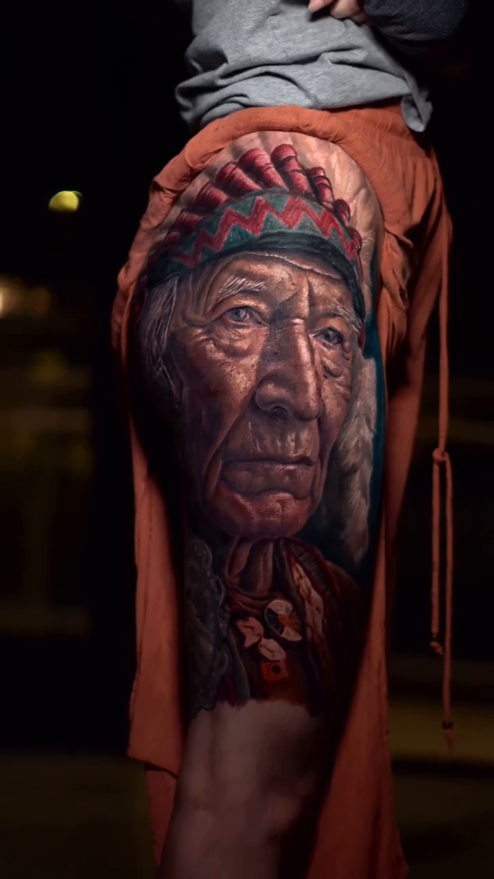 Portrait of an elder realism tattoo by Guillermo Columbie, Houston, Texas