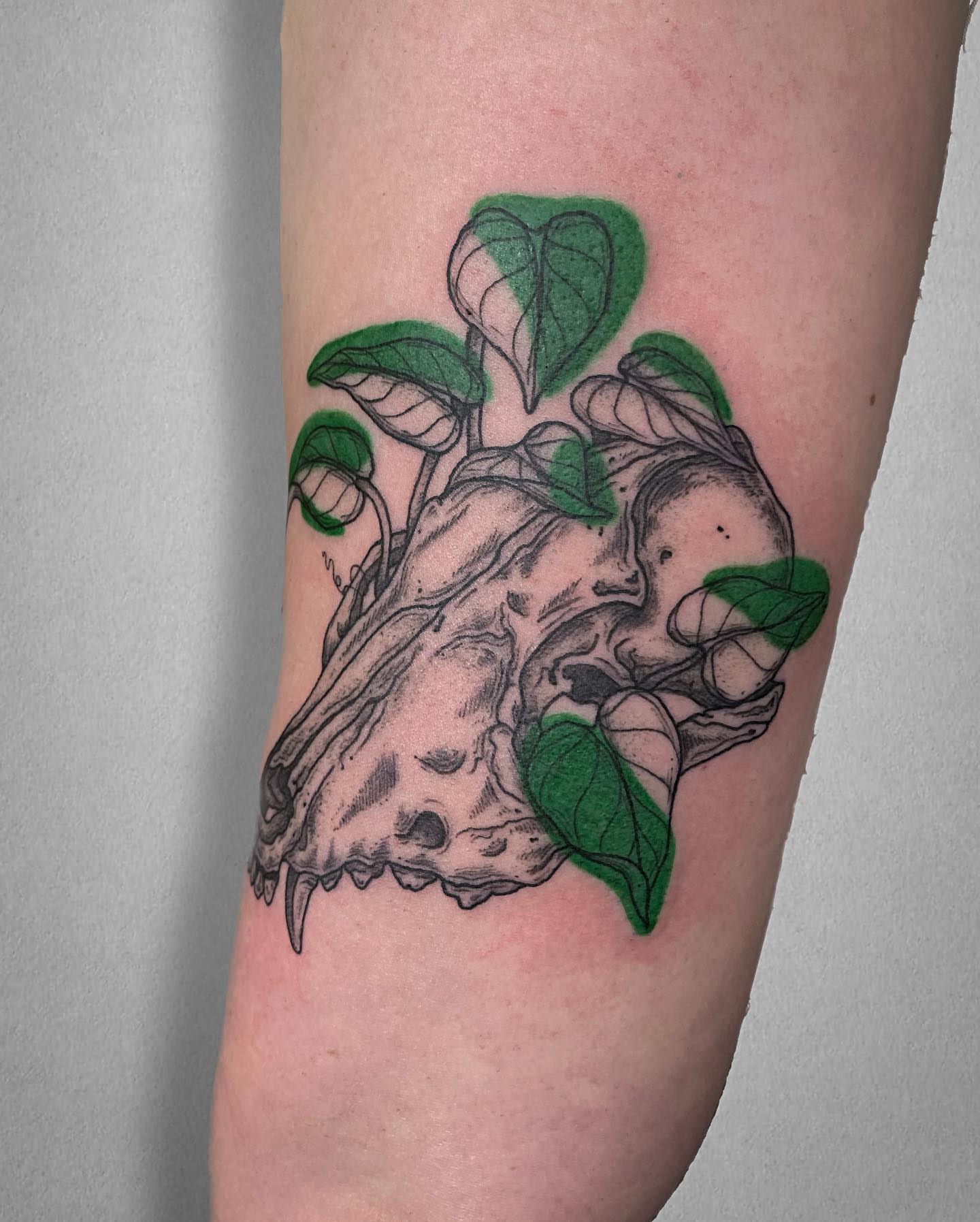 Skull with plant black and grey tattoo on the forearm by Mallory Miller π³οΈβπ Eugene
