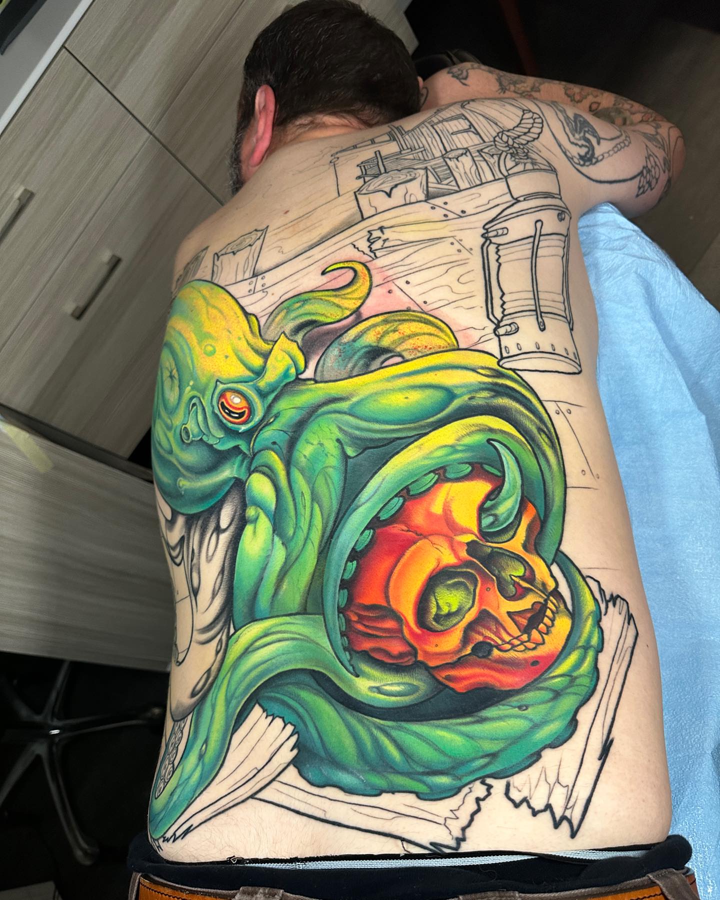 Monster skull new school tattoo on the back by Ty Pallotta, Austin, Texas