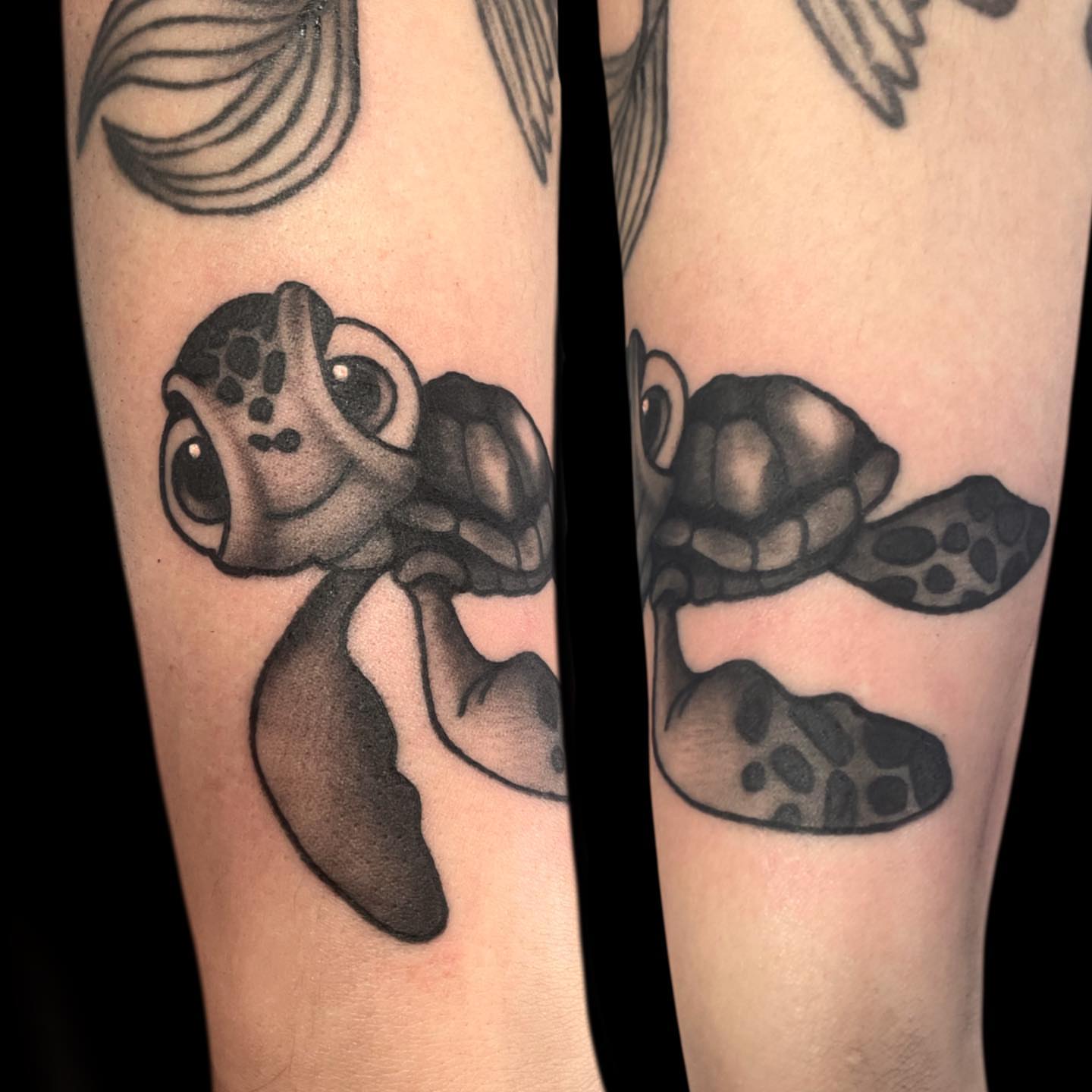 Sea turtle black and grey tattoo on the forearm by Jen Bean, Richmond, Virginia